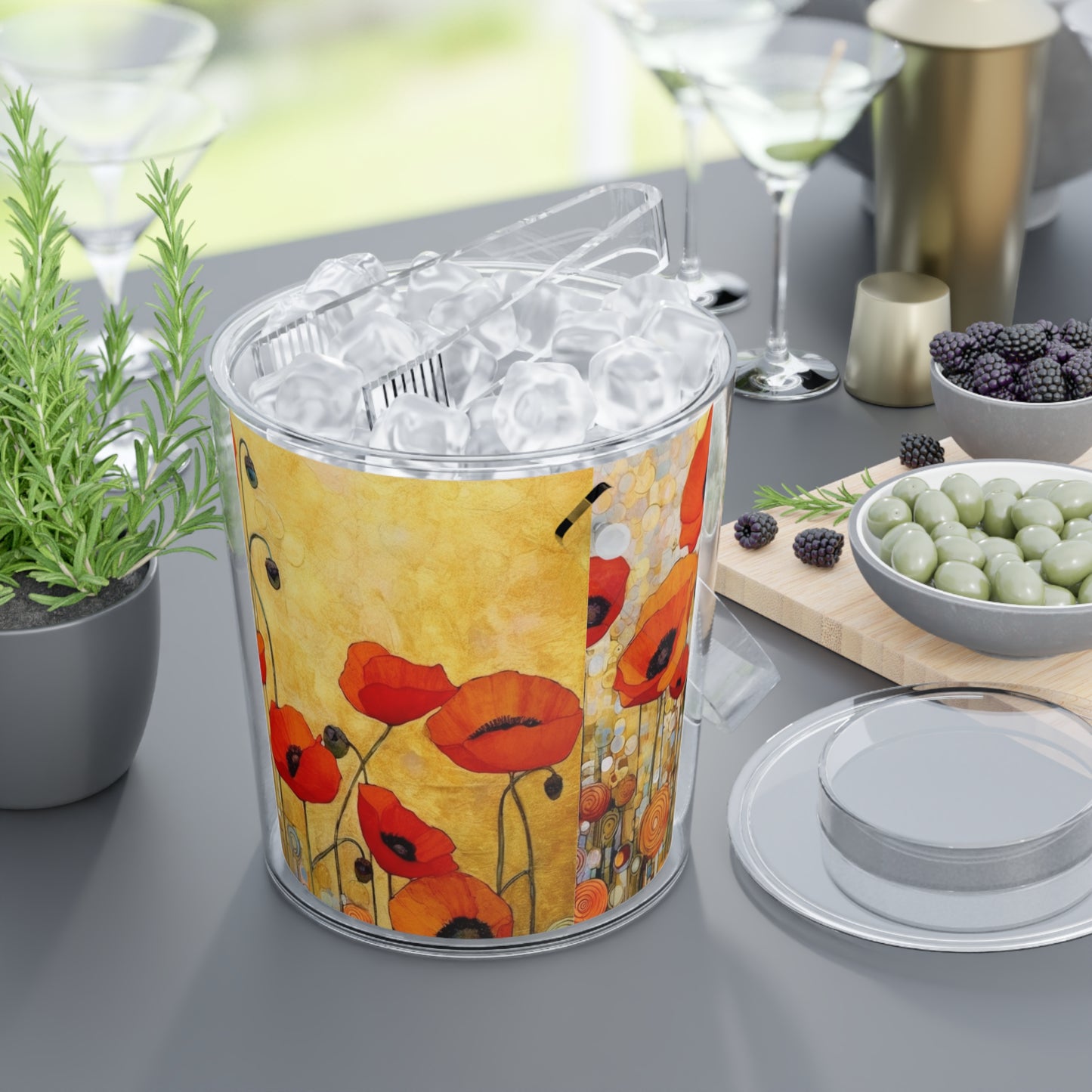 Elevate Your Sip: Ice Bucket with Tongs Adorned with Gustav Klimt's Poppies