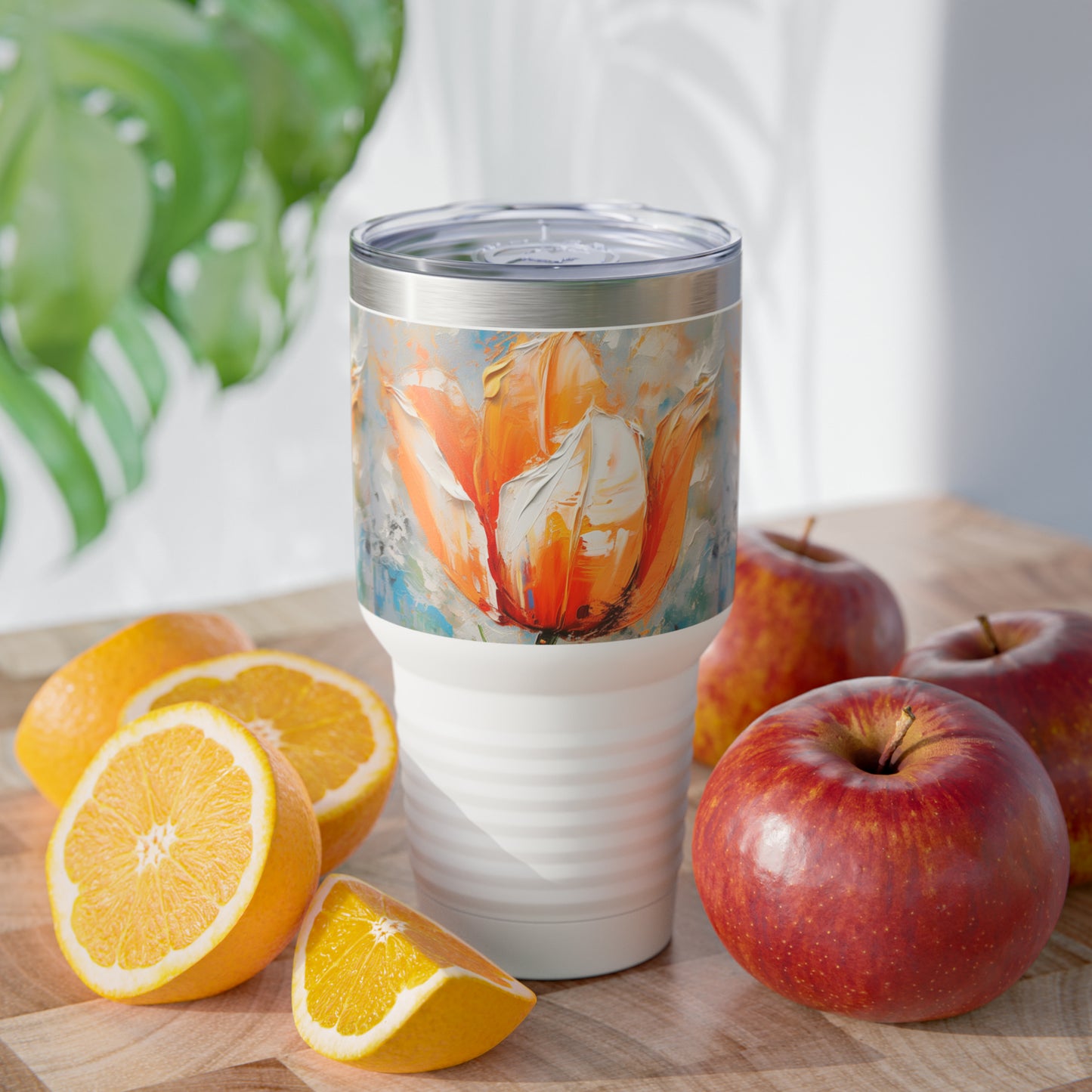 Ringneck Tumbler with Vibrant Orange Tulip: Nature's Beauty in Abstract Artistry