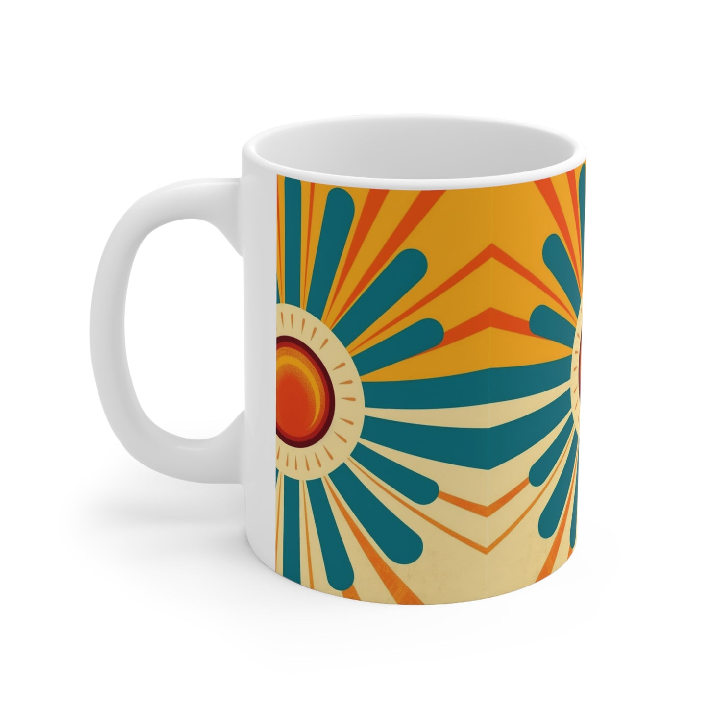 Midcentury Modern Sun: Ceramic Mug with Atomic Age Design for Vintage Fashion Enthusiasts