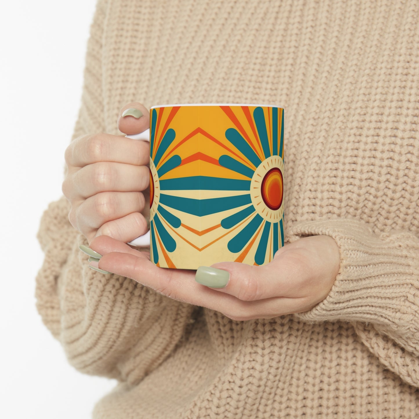 Midcentury Modern Sun: Ceramic Mug with Atomic Age Design for Vintage Fashion Enthusiasts