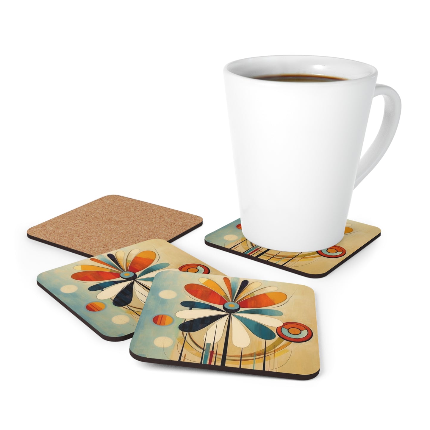 Flower Sketches: Abstract Art Corkwood Coaster Set with Midcentury Modern Design and Flower Drawings