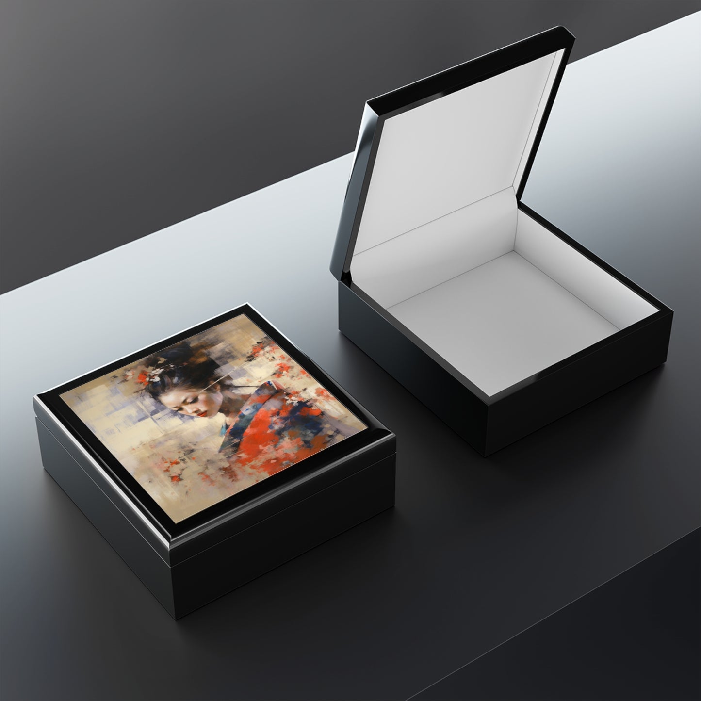 Japanese-Inspired Abstract Oil Painting Jewelry Box: Celebrating Geisha Beauty