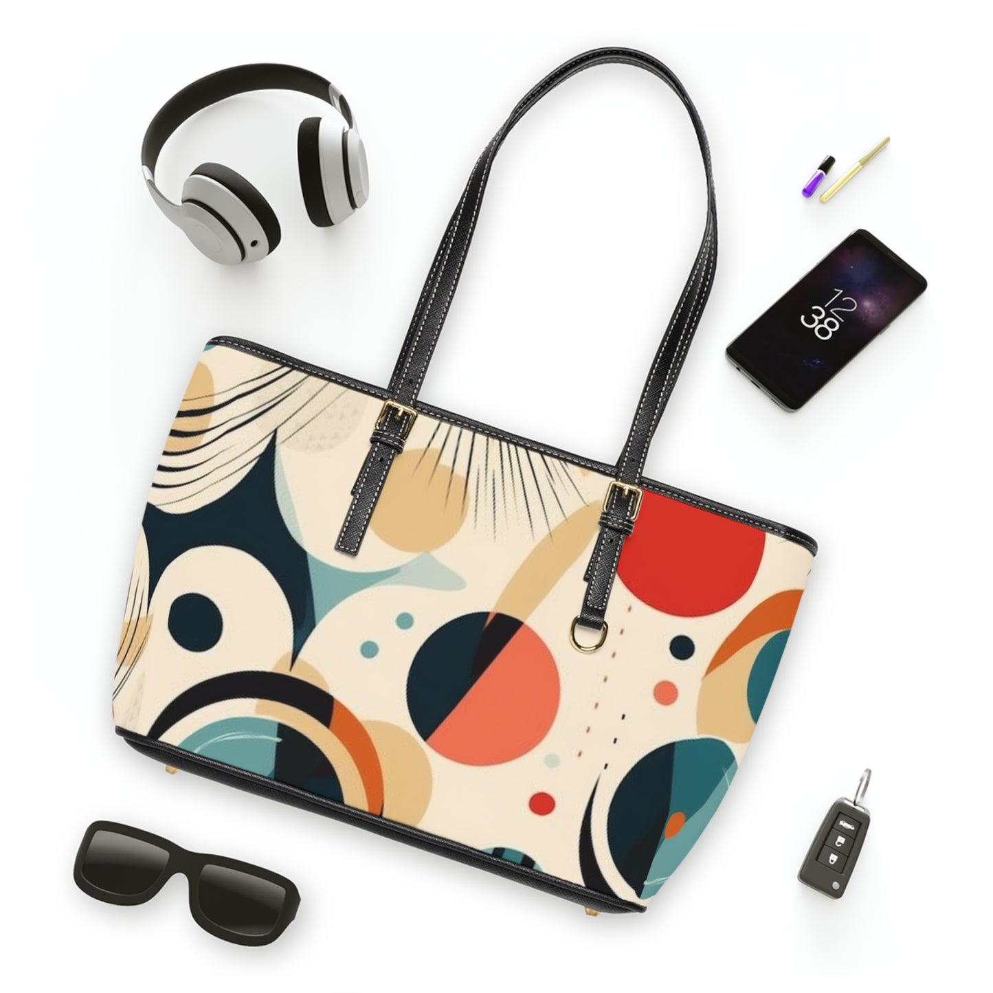Abstract Elegance: Midcentury Modern PU Leather Shoulder Bag with Modern Abstract Art and Vintage Fashion