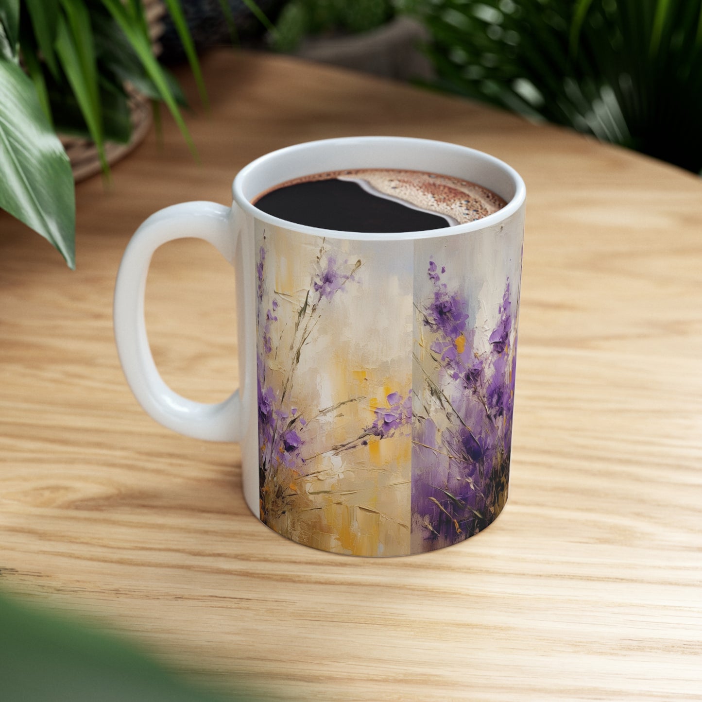 Expressive Lavender Drawing on Ceramic Mug: A Symphony of Colors and Petals