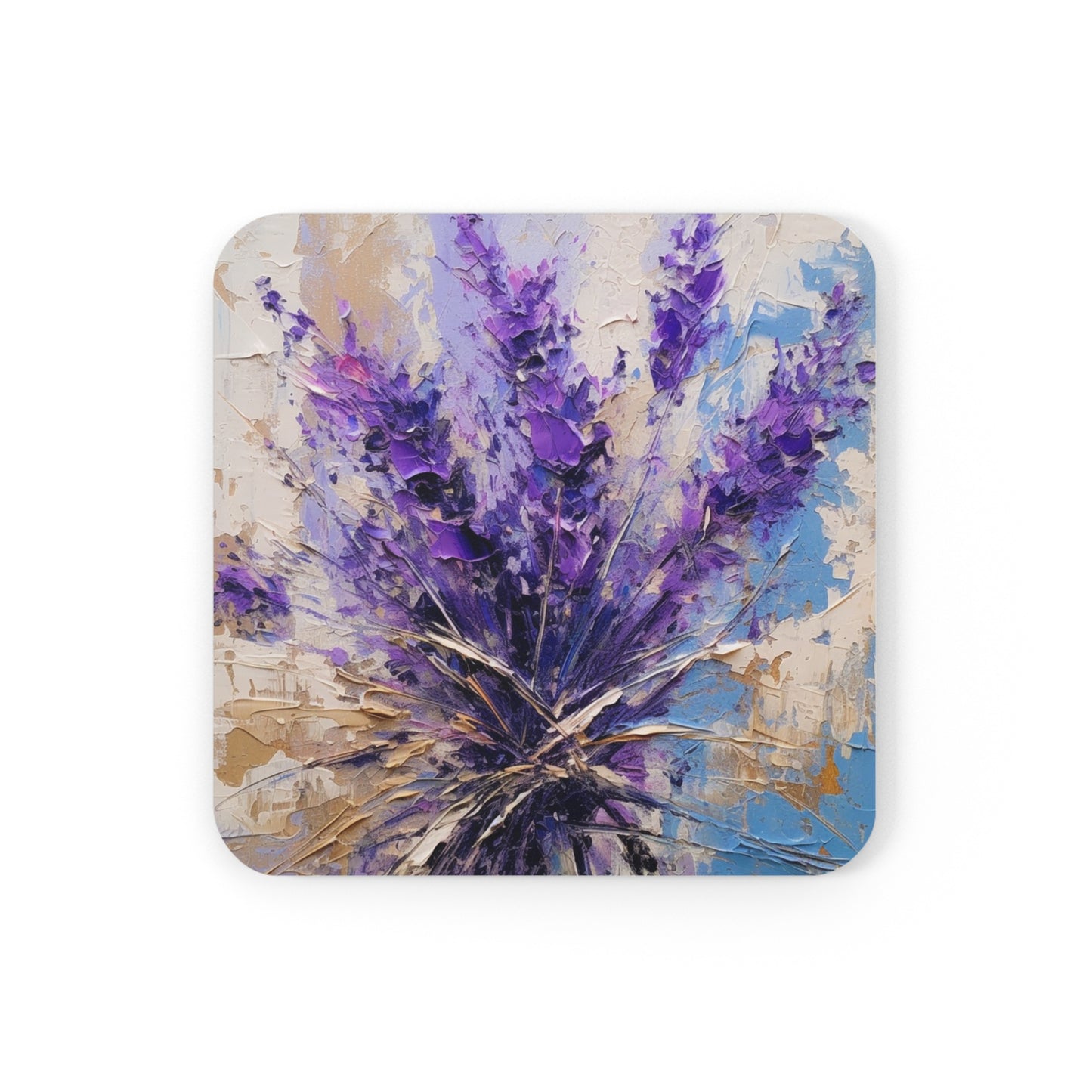 Vibrant Lavender Art on Corkwood Coaster Set: A Floral Delight for Your Senses