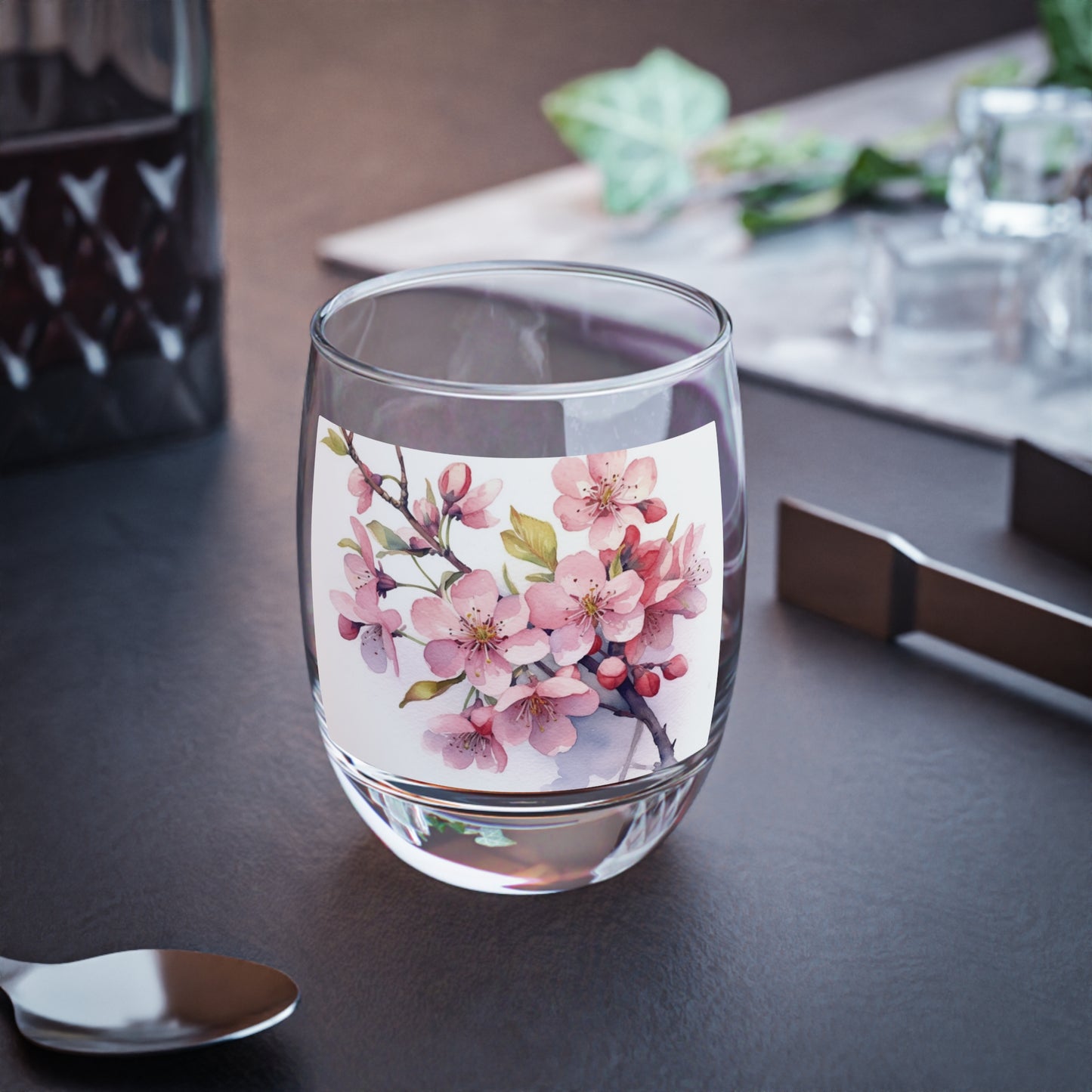 Cherry Blossom Delight: Floral Watercolor Whiskey Glass
