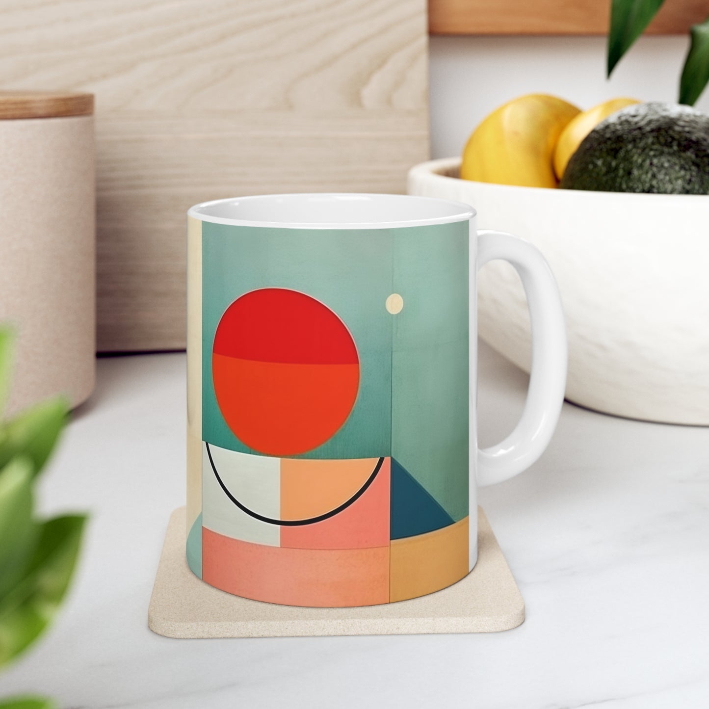 Abstract Geometric Fusion: Modern Art Mug Inspired by Atomic Age Design