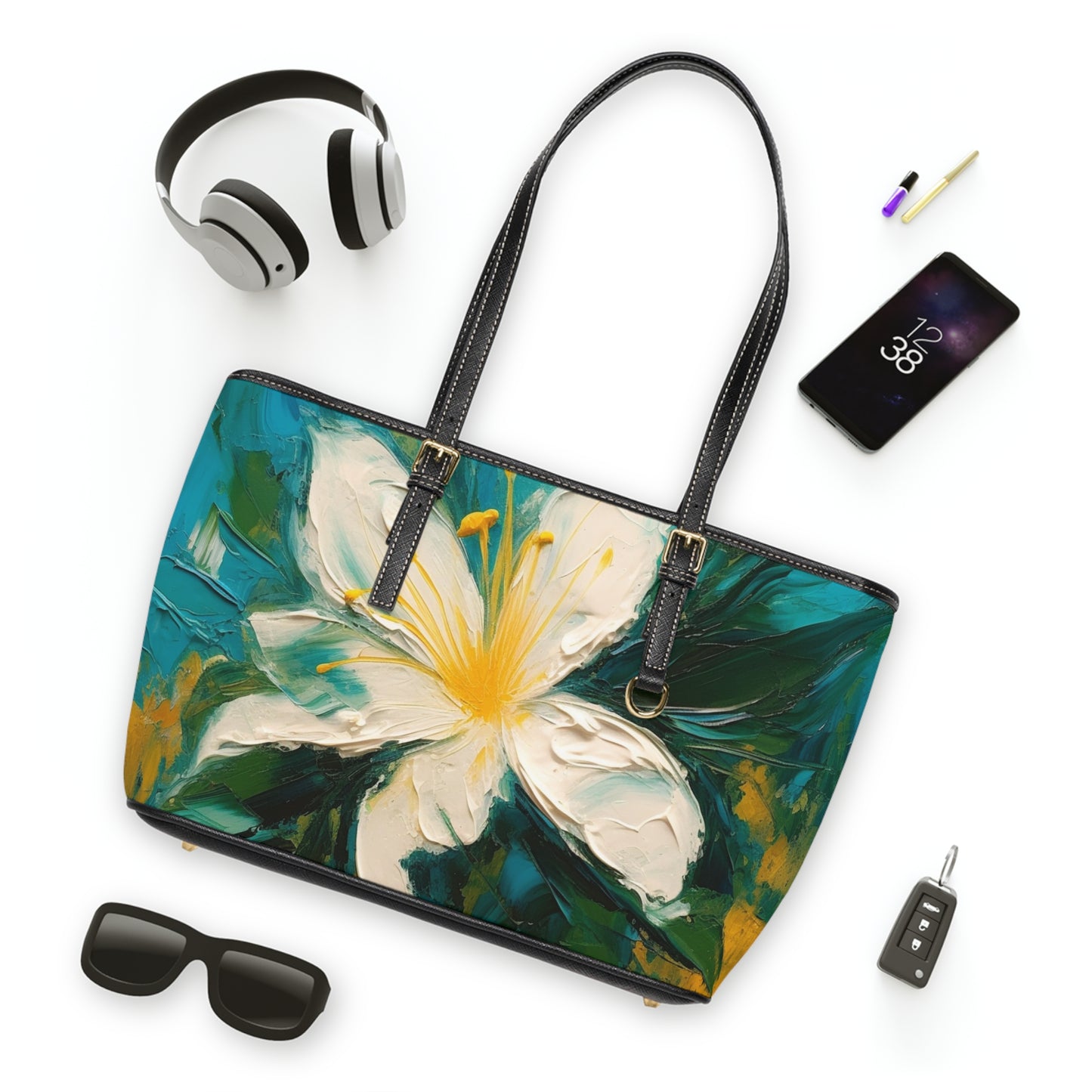 Floral Symphony: PU Leather Shoulder Bag featuring an Abstract Oil Painting of Jasmine
