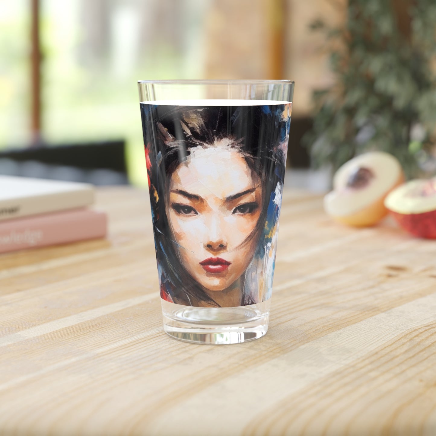 Abstract Geisha Art Pint Glass: Captivating Brushstrokes in a Japanese Aesthetic