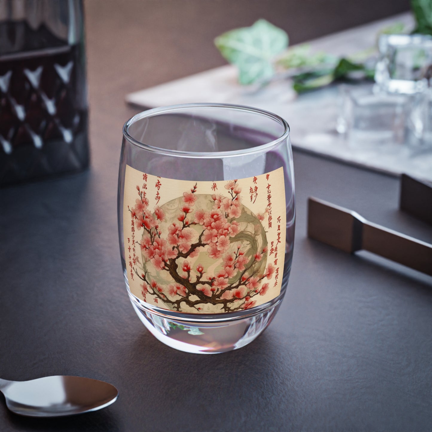 Whimsical Blossom Dreams: Whiskey Glass with Delightful Flower Drawings and Cherry Blossoms