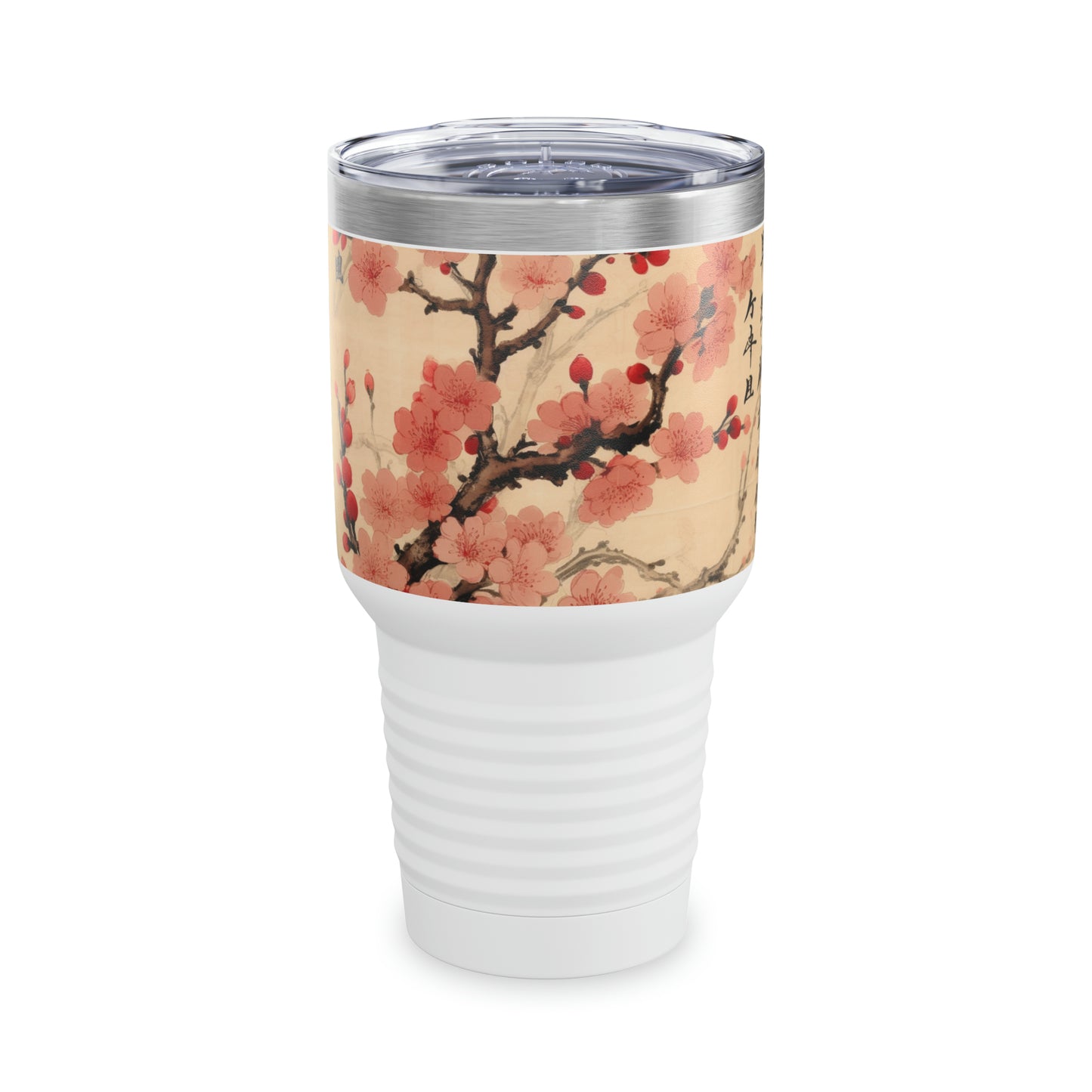 Floral Fusion Delight: Ringneck Tumbler Merging the Beauty of Cherry Blossoms and Artistic Flower Drawings