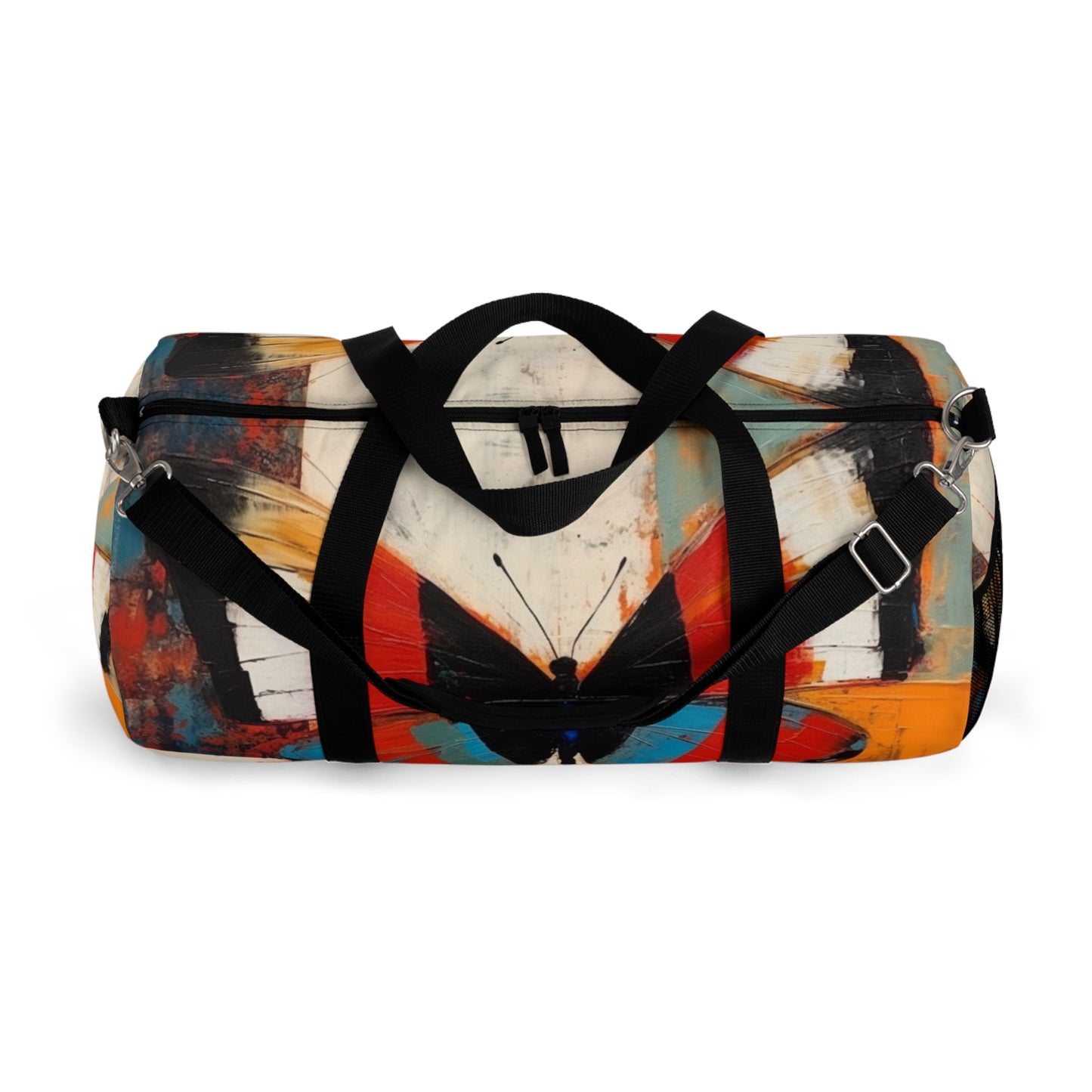 Bauhaus-Inspired Butterfly Symphony: Duffel Bag with Vibrant Colors and Intricate Details