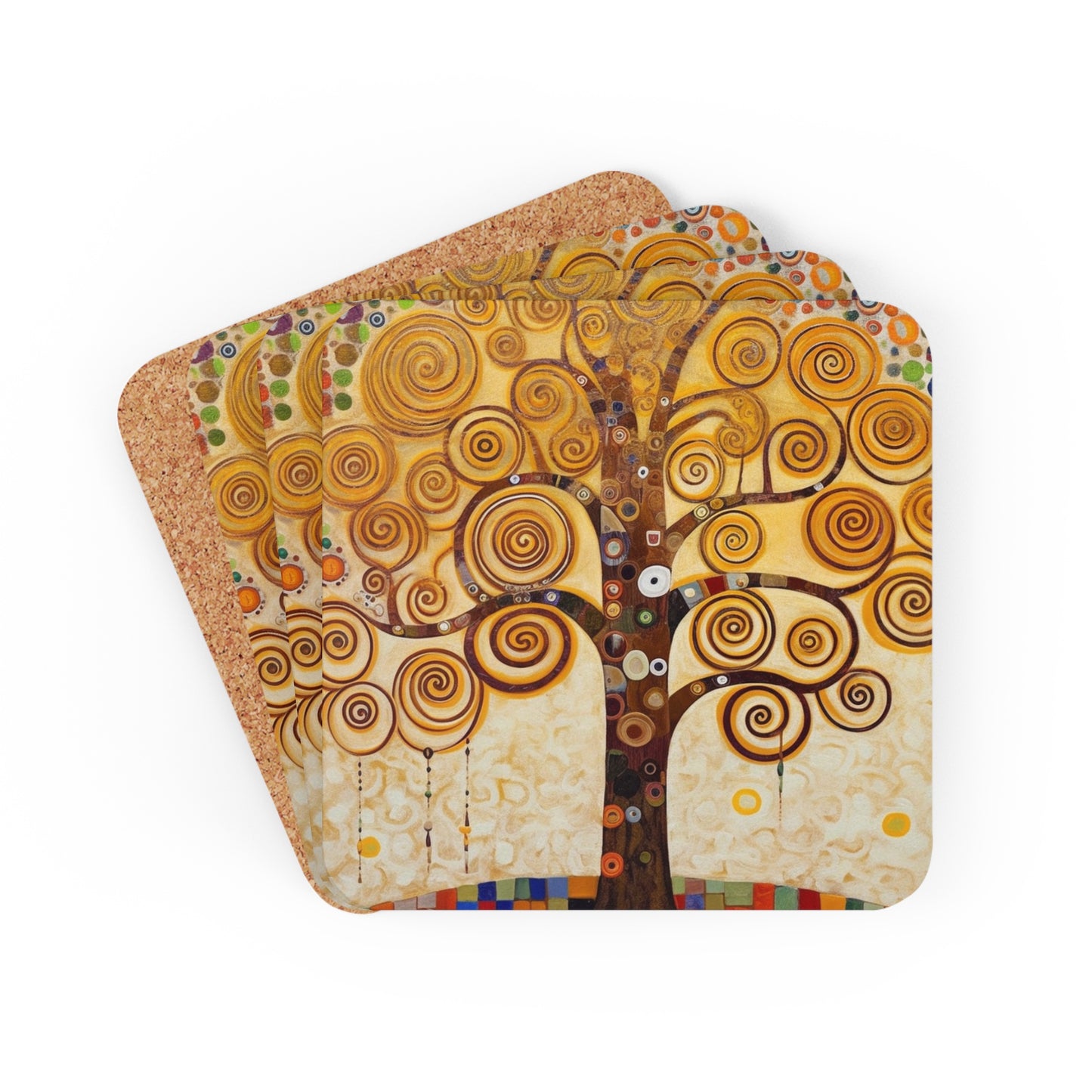 Captivating Artistry: The Tree of Life Corkwood Coaster Set, Inspired by Gustav Klimt's Timeless Masterpiece
