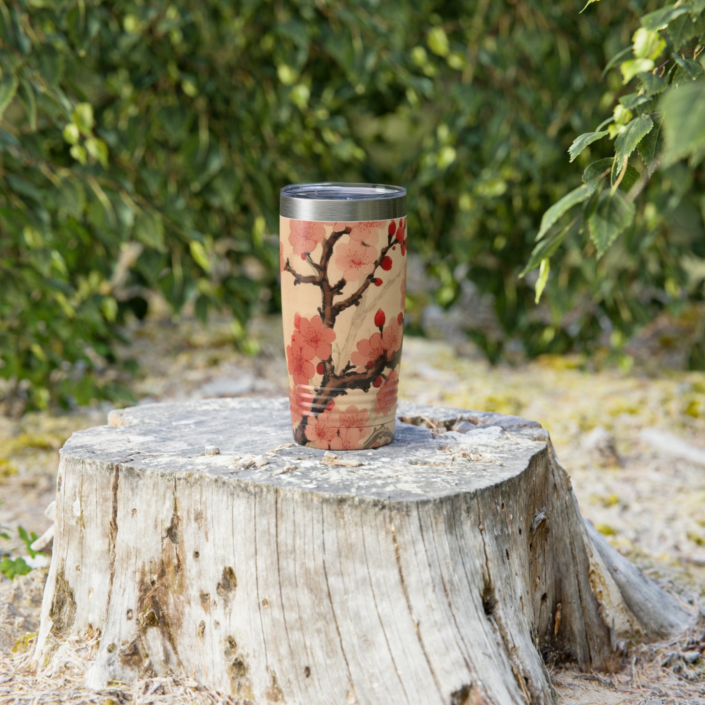 Floral Fusion: Ringneck Tumbler Merging Cherry Blossom Beauty and Artistic Flower Drawings