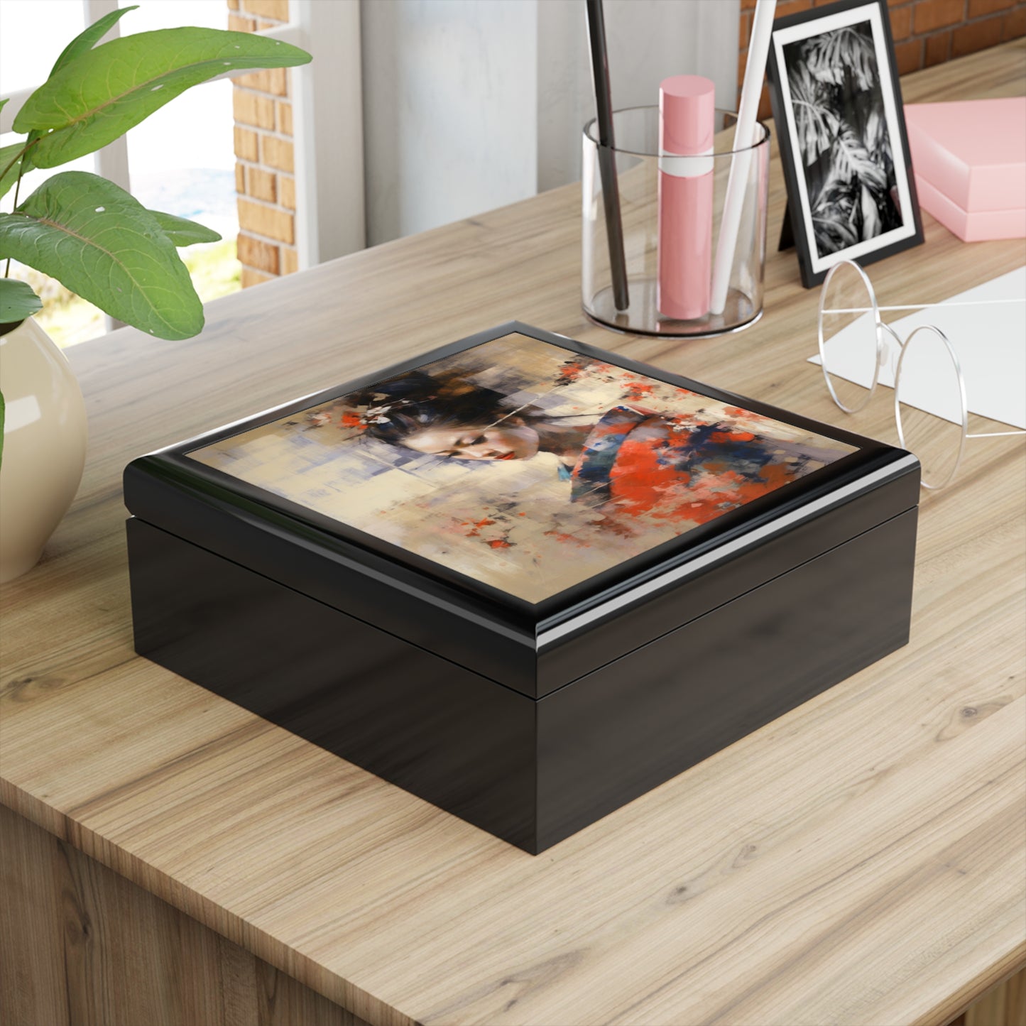Japanese-Inspired Abstract Oil Painting Jewelry Box: Celebrating Geisha Beauty