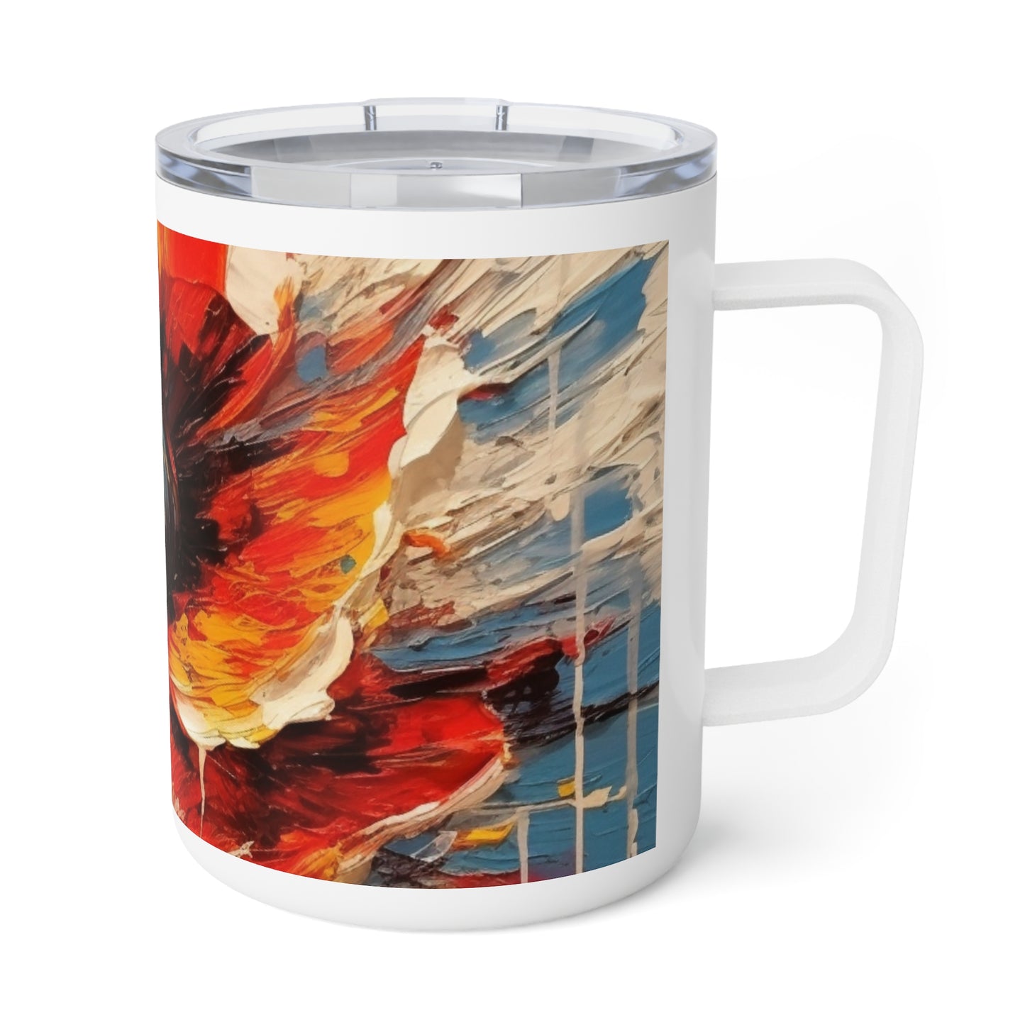 Poppy Symphony: Insulated Coffee Mug with Abstract Floral Artwork