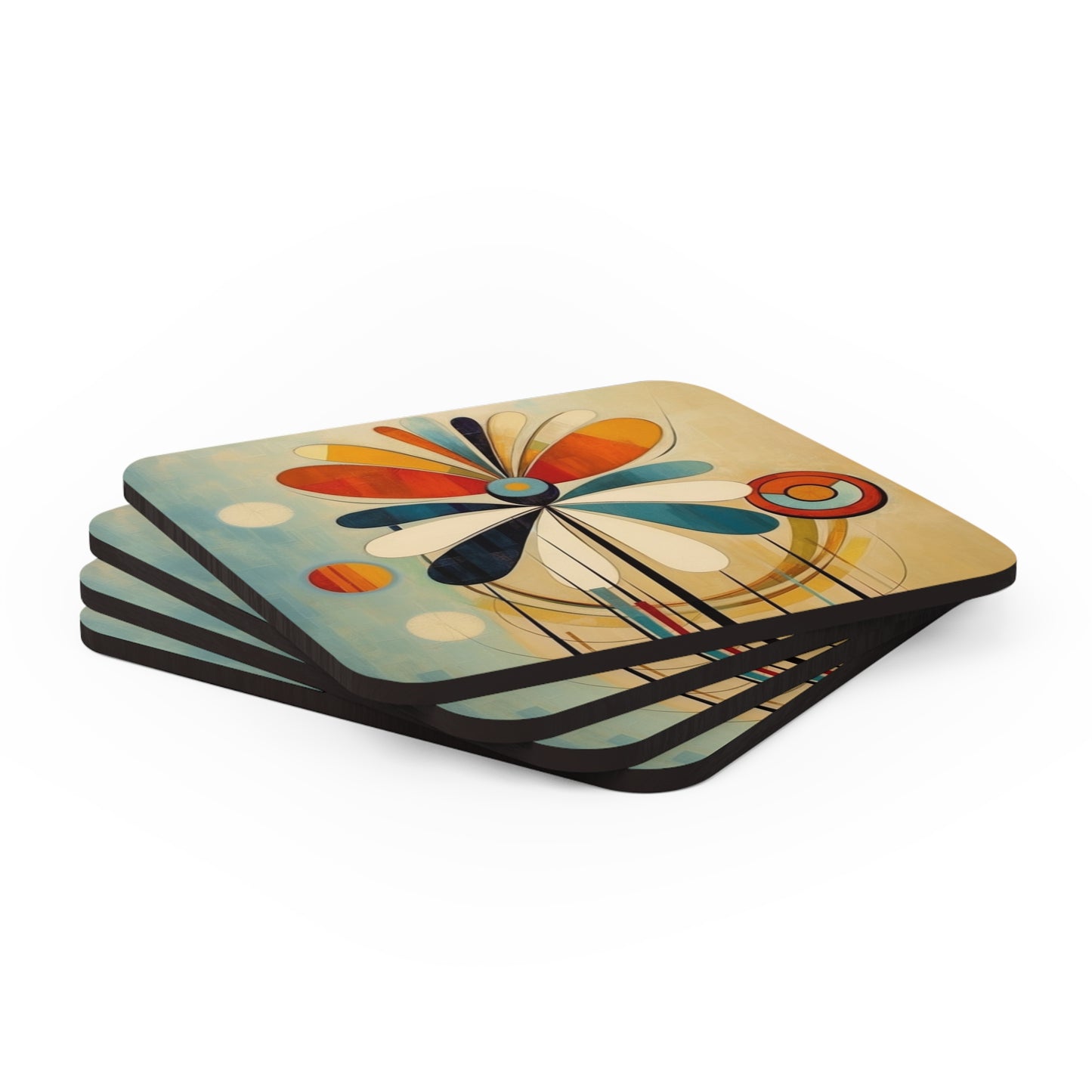 Flower Sketches: Abstract Art Corkwood Coaster Set with Midcentury Modern Design and Flower Drawings