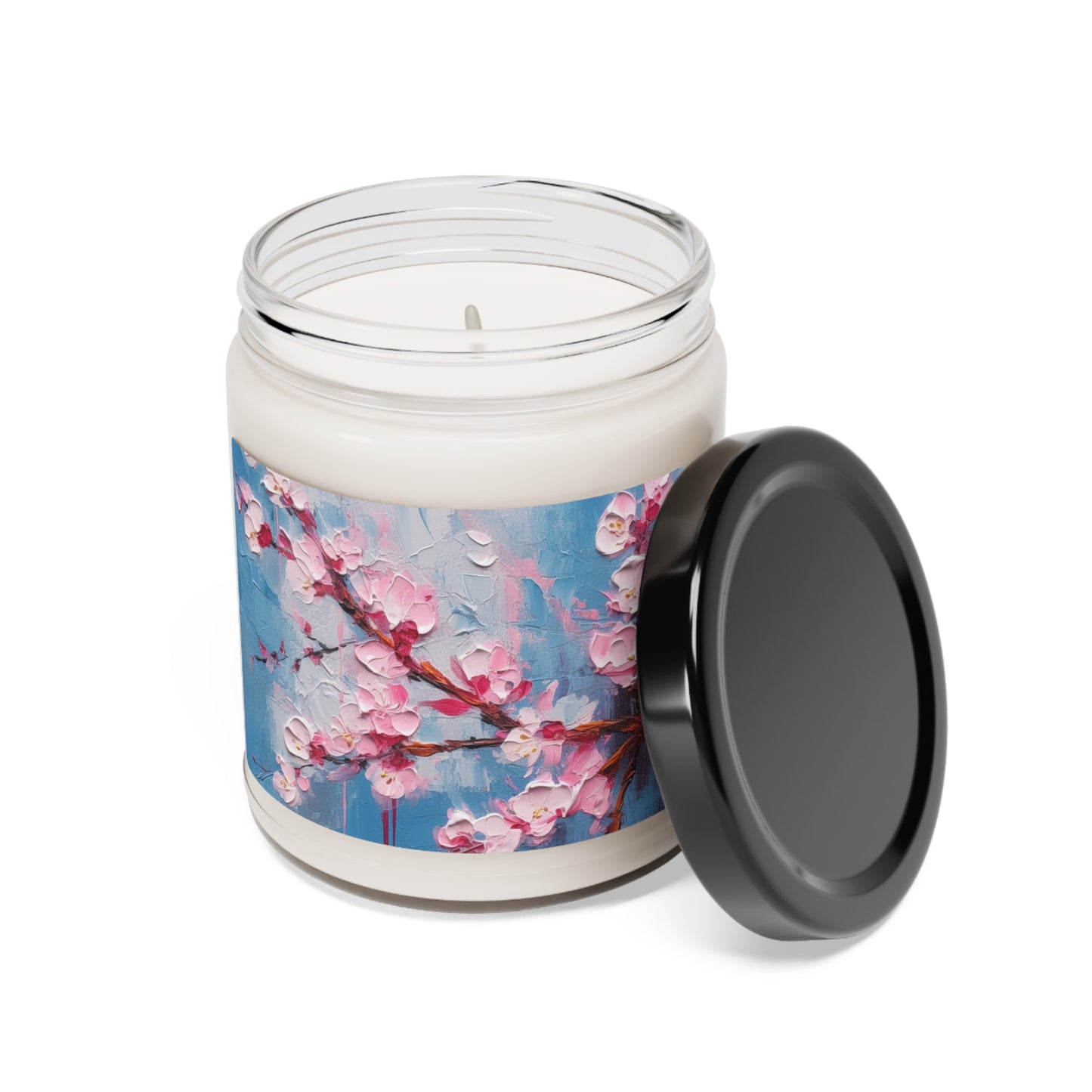 Scented Soy Candle with Abstract Cherry Blossom Drawing: Embrace the Serenity