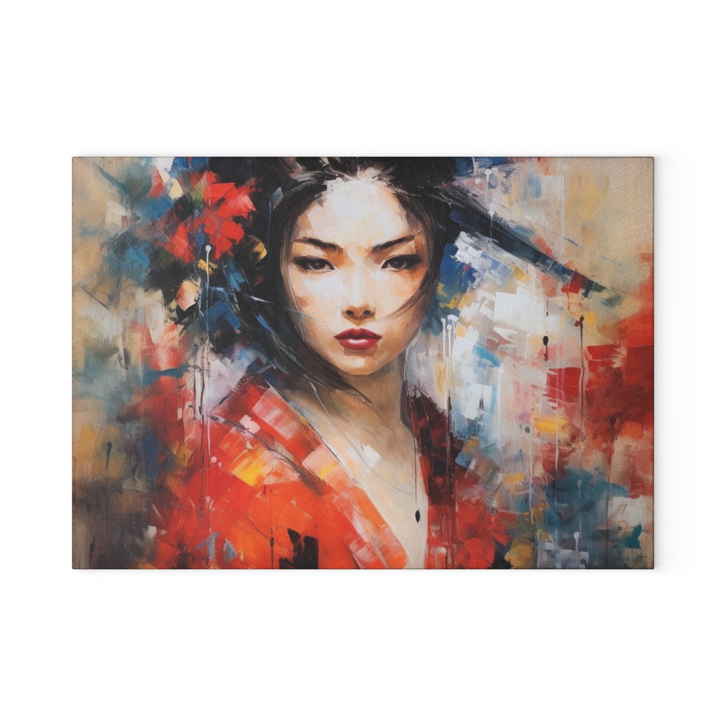 Abstract Geisha Art Glass Cutting Board: Captivating Brushstrokes in a Japanese Aesthetic