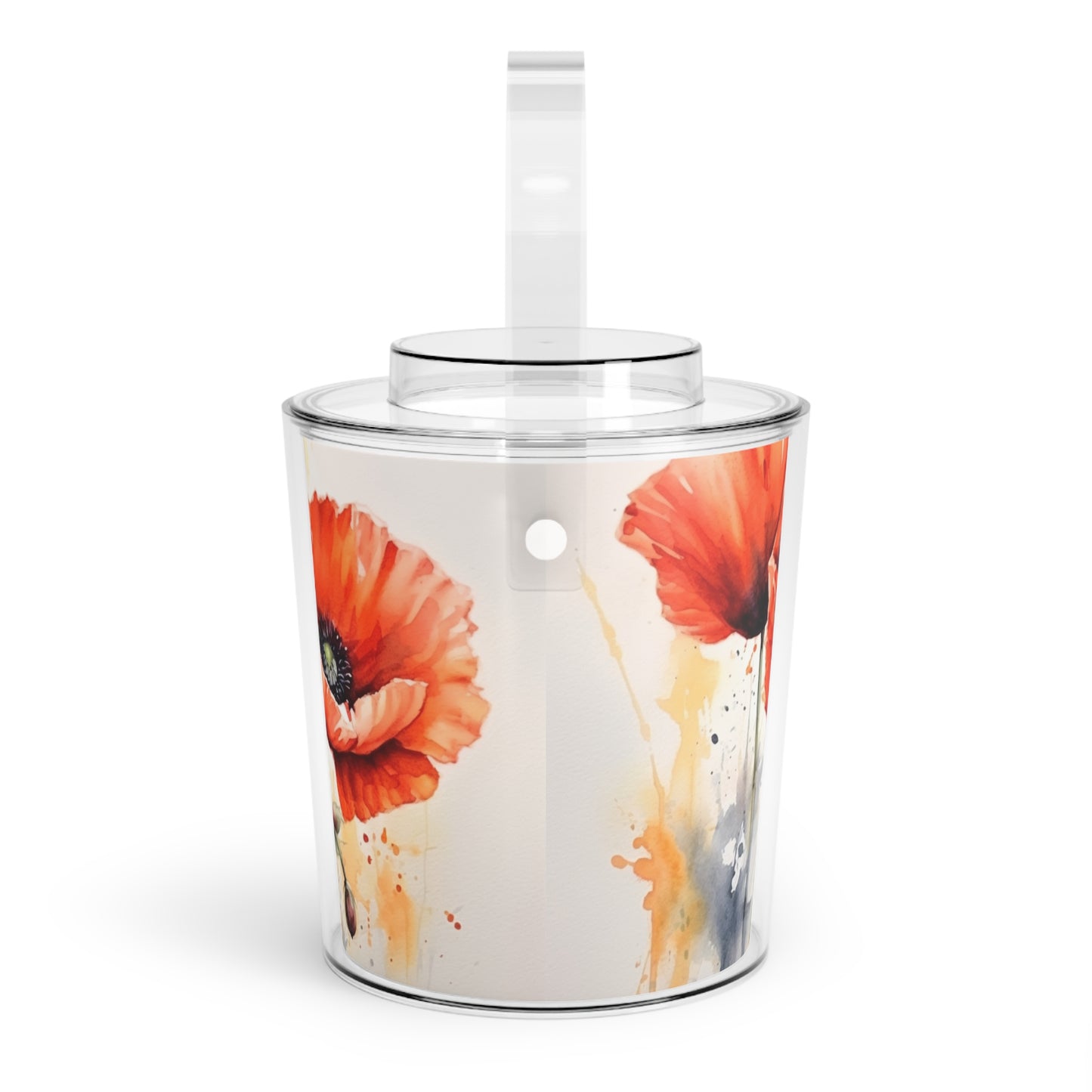 Whimsical Poppy Flower Watercolor Ice Bucket with Tongs: An Artistic Delight