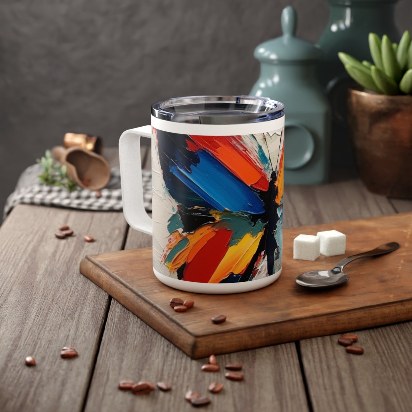 Abstract Insulated Coffee Mug for Art Lovers: Butterfly-Inspired Delight