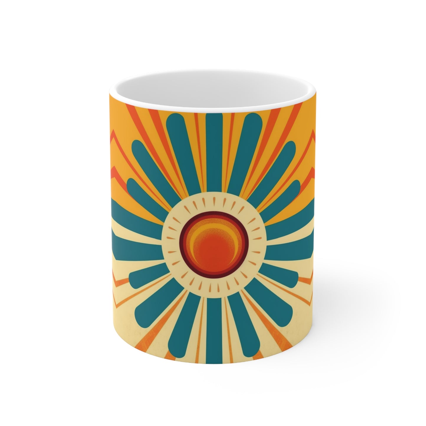 Midcentury Modern Sun: Ceramic Mug with Atomic Age Design for Vintage Fashion Enthusiasts