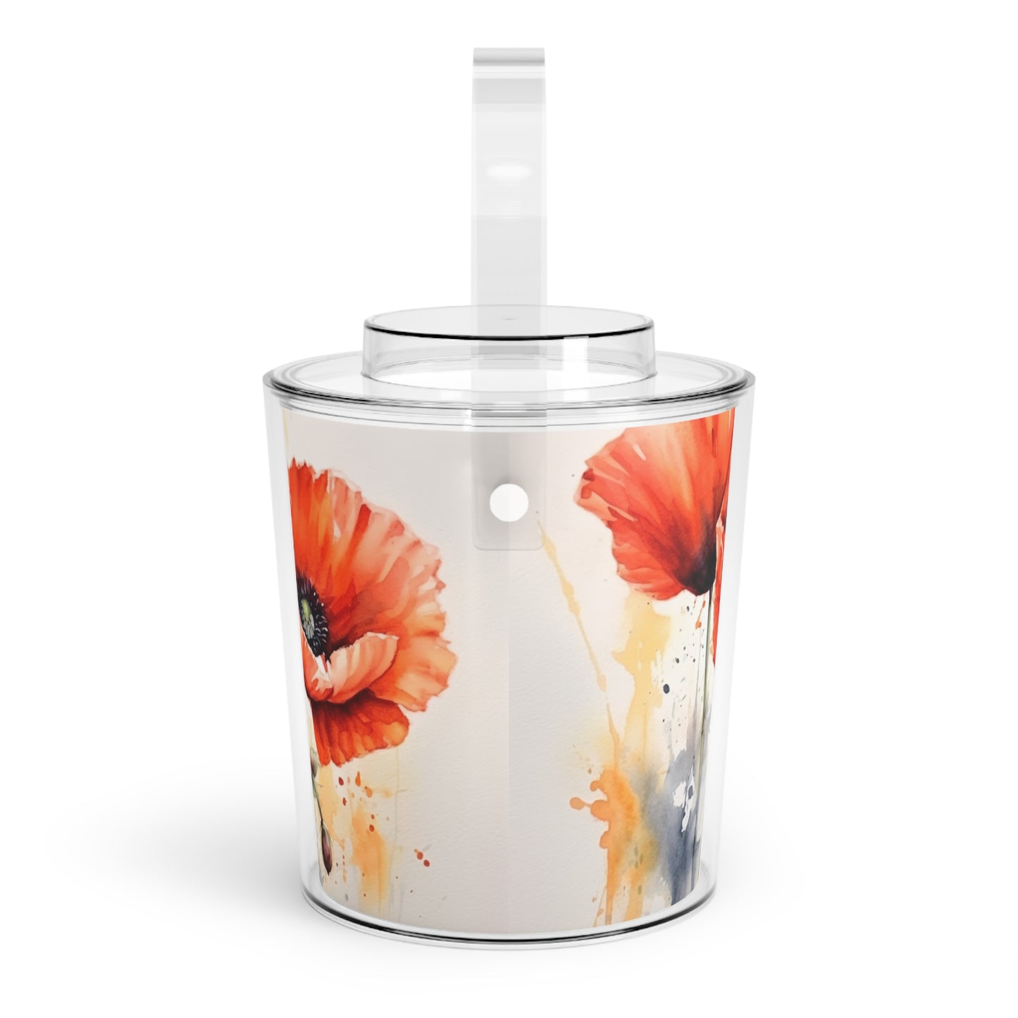 Whimsical Poppy Flower Watercolor Ice Bucket with Tongs: An Artistic Delight