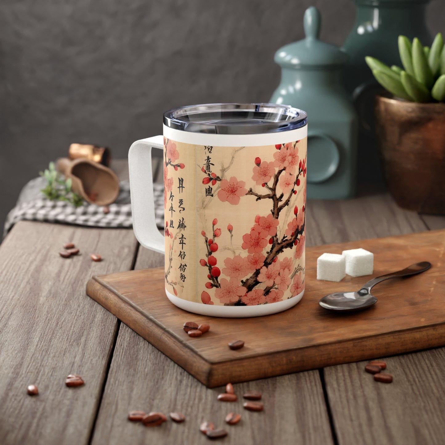 Floral Fusion: Insulated Coffee Mug Merging Cherry Blossom Beauty and Artistic Flower Drawings