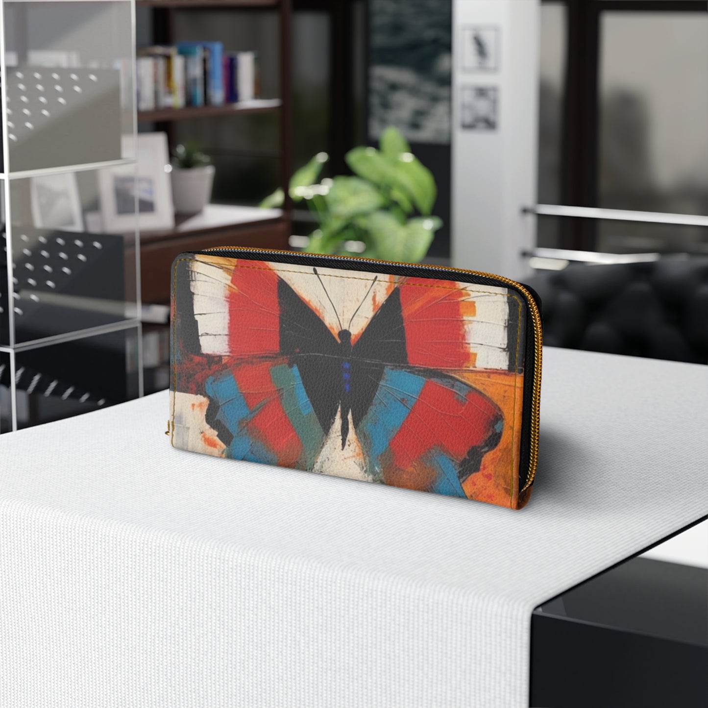 Bauhaus-Inspired Butterfly Symphony: Zipper Wallet with Vibrant Colors and Intricate Details