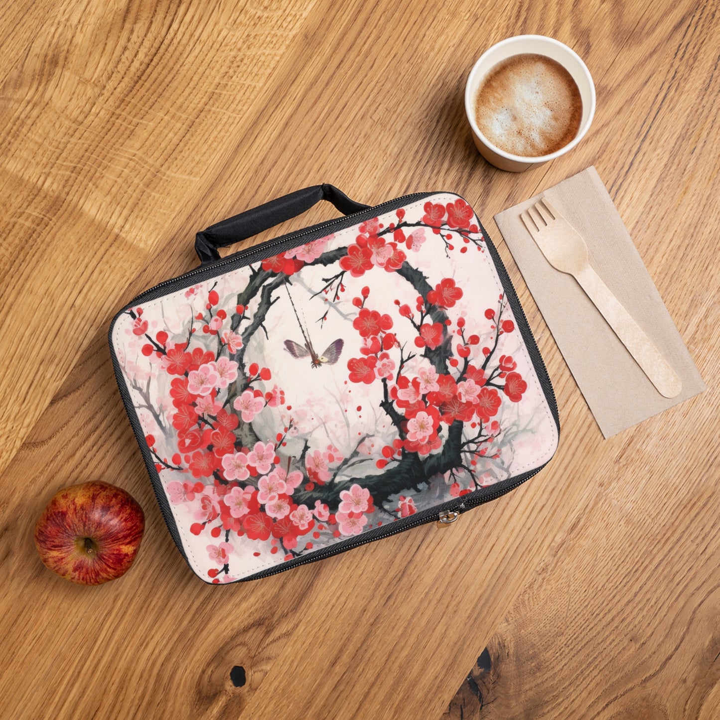 Cherry Blossom Delight: Lunch Bag Adorned with Intricate Flower Drawings and Artistry