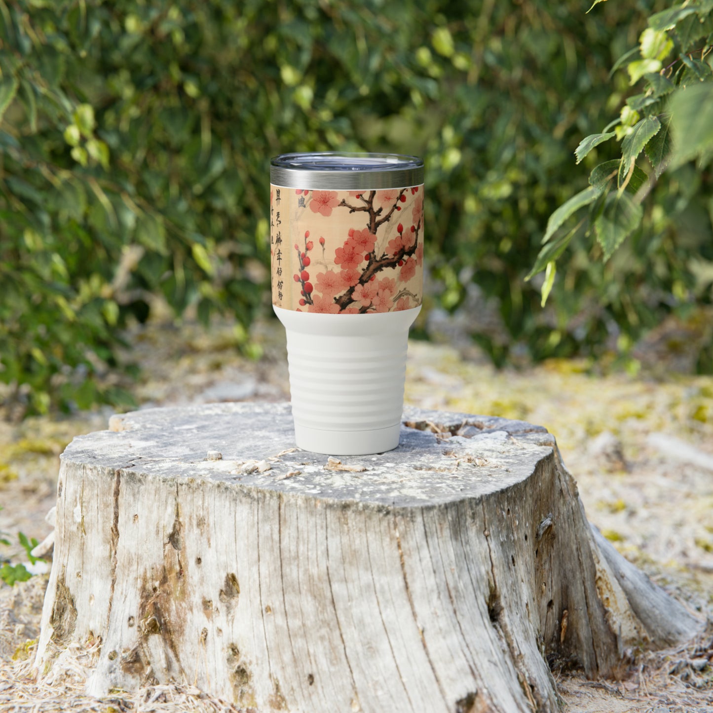 Floral Fusion Delight: Ringneck Tumbler Merging the Beauty of Cherry Blossoms and Artistic Flower Drawings