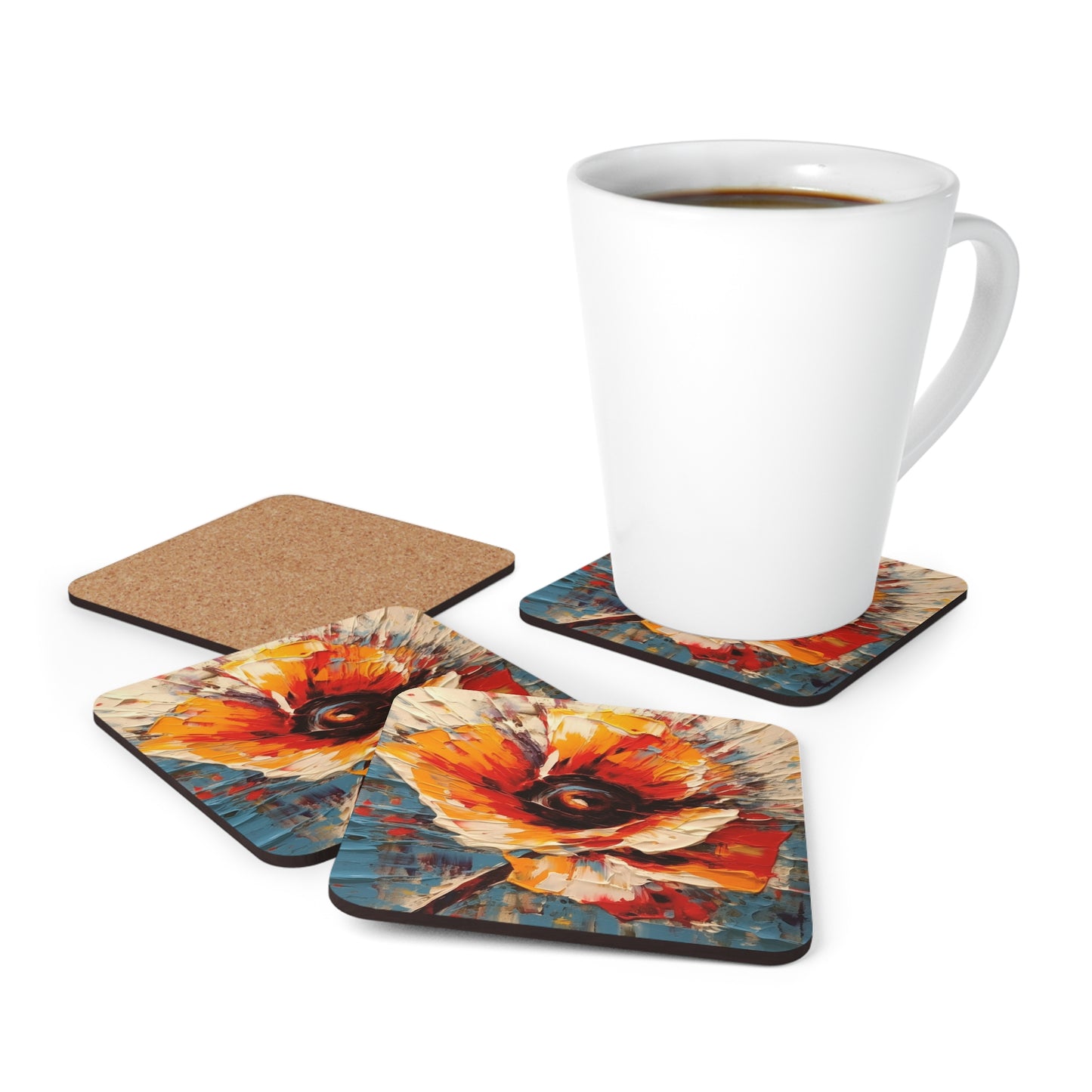Artistic Awakening: Corkwood Coaster Set Infused with Poppy-Inspired Abstract Art