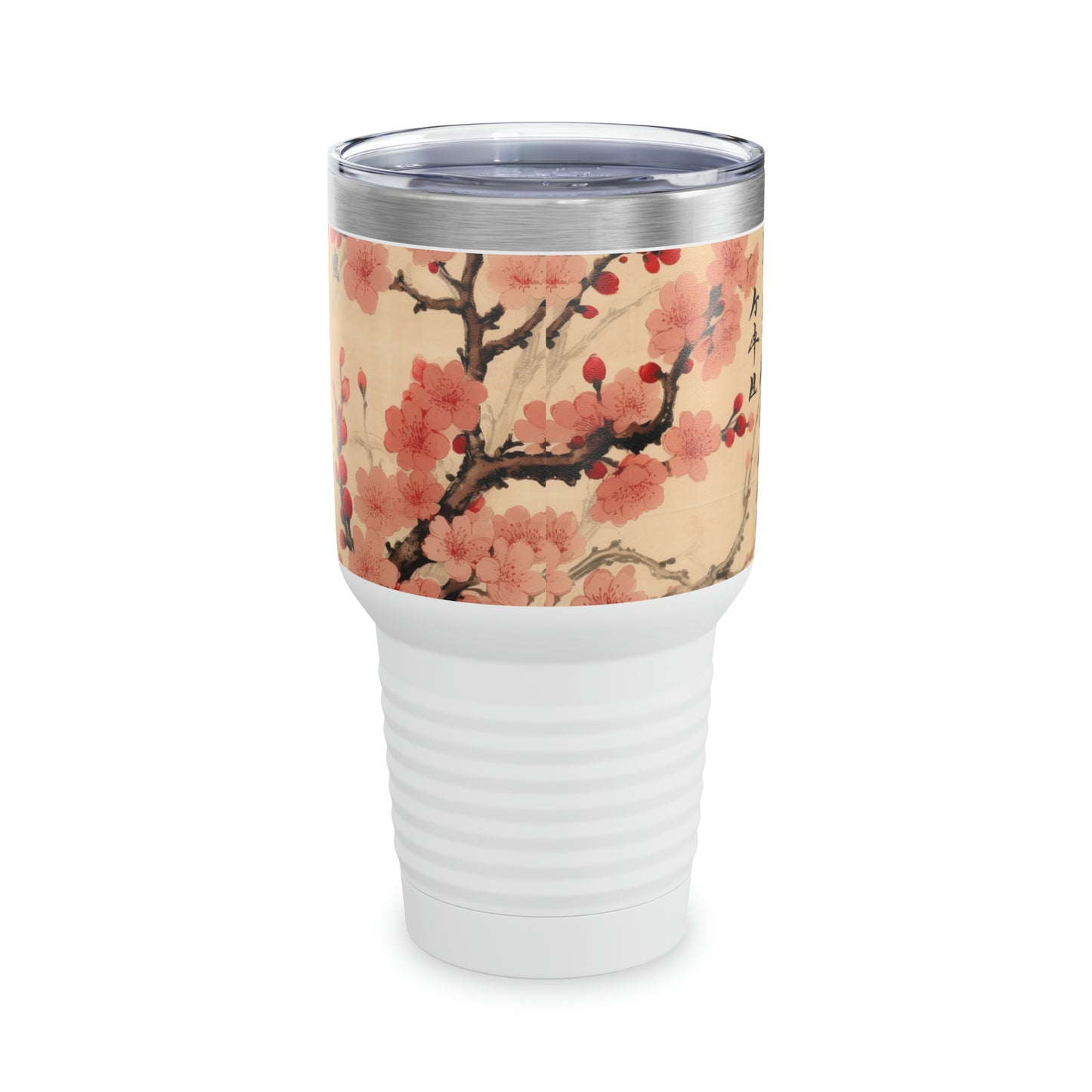 Floral Fusion Delight: Ringneck Tumbler Merging the Beauty of Cherry Blossoms and Artistic Flower Drawings
