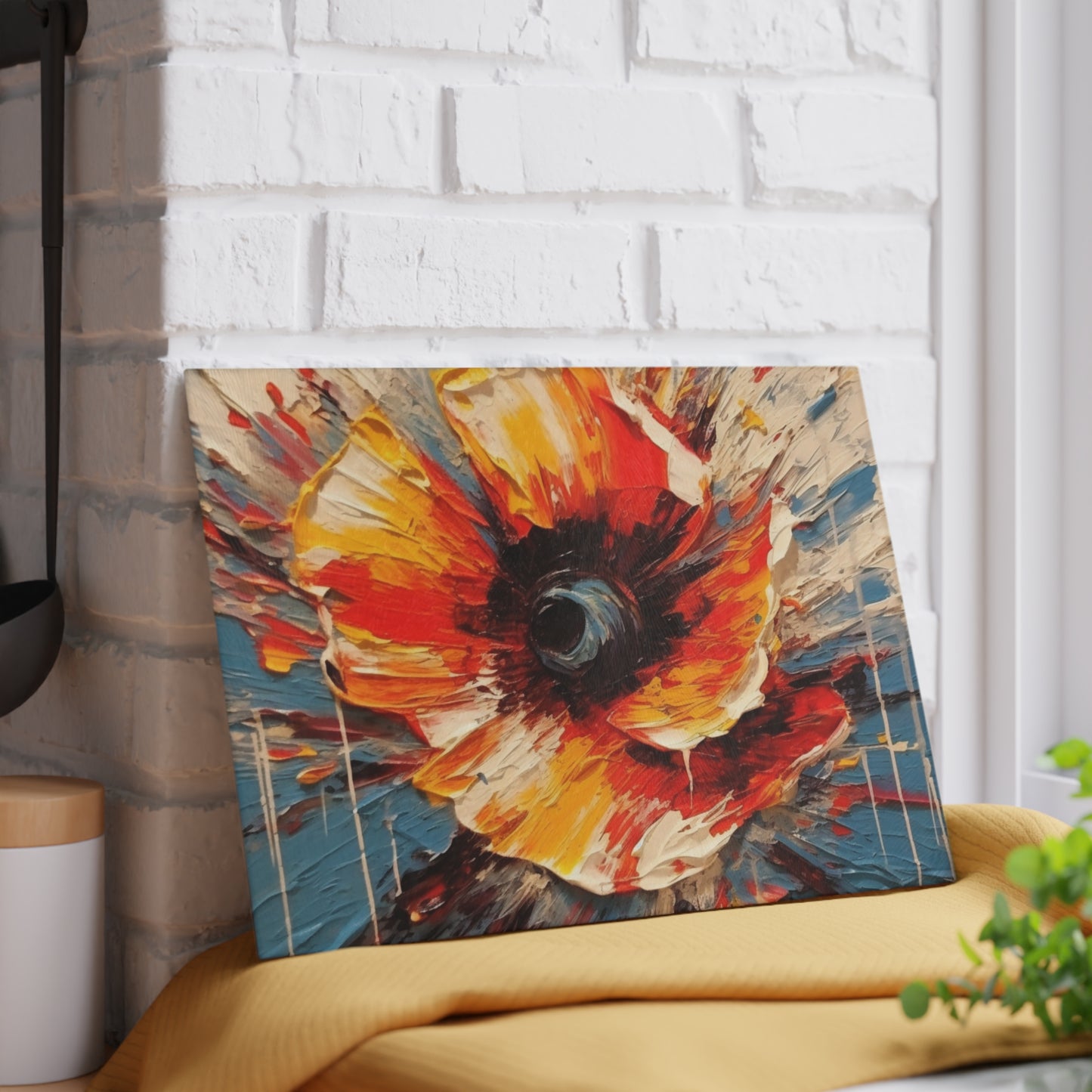Poppy Symphony: Glass Cutting Board with Abstract Floral Artwork