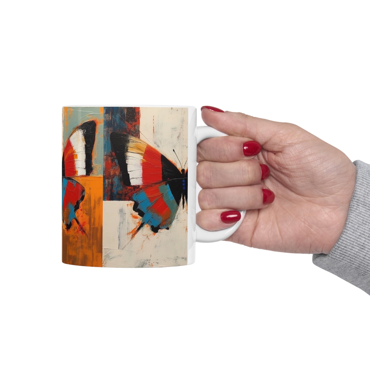 Bauhaus Butterfly Symphony: Ceramic Mug with Vibrant Colors and Intricate Details
