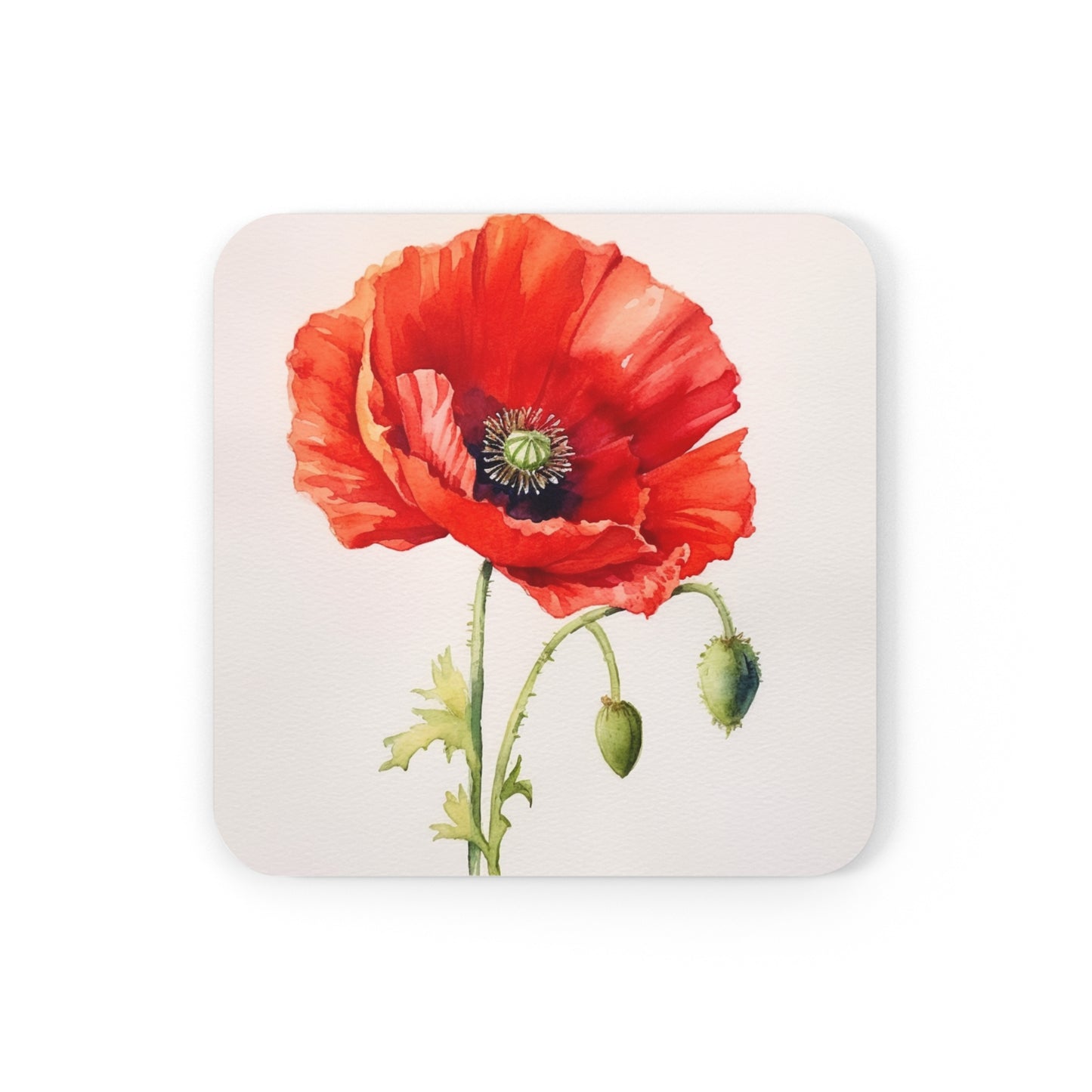 Vibrant Watercolor Poppy Corkwood Coaster Set: Beauty of Nature