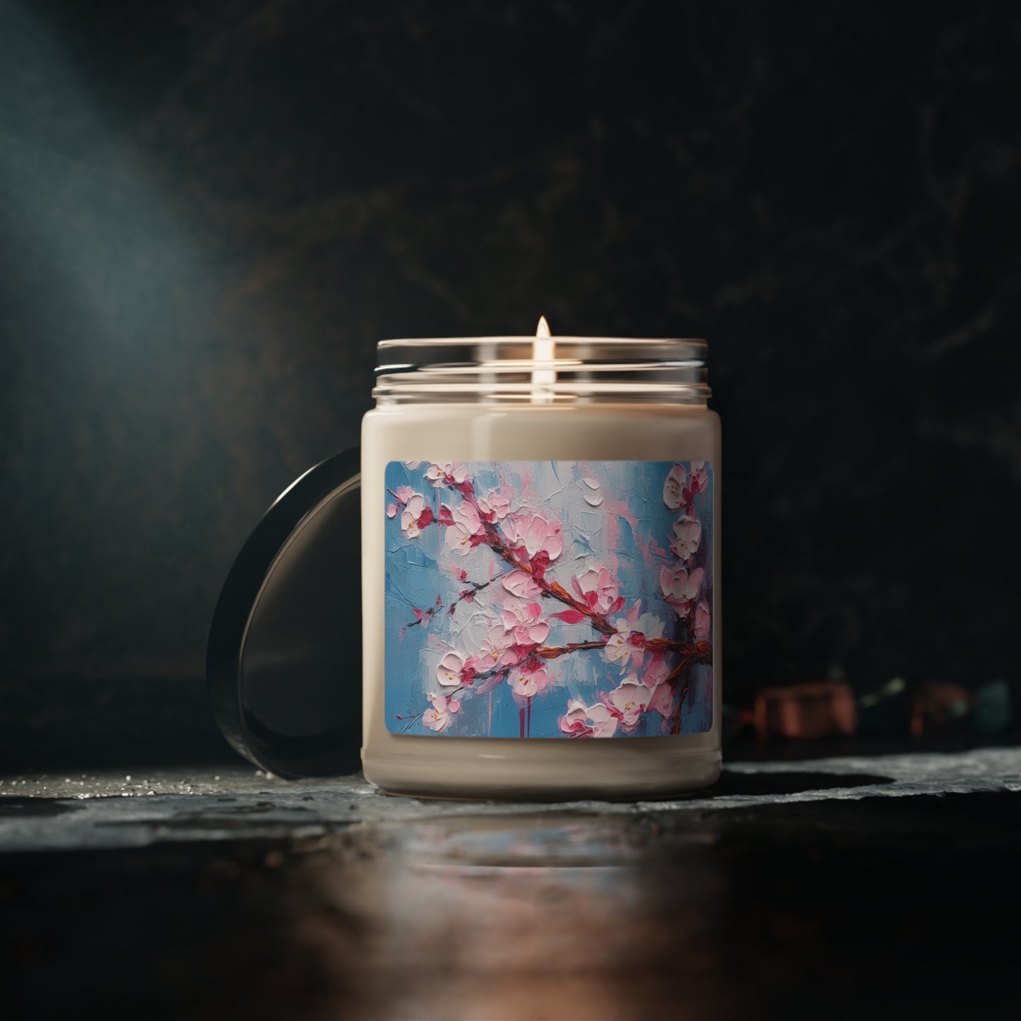 Scented Soy Candle with Abstract Cherry Blossom Drawing: Embrace the Serenity
