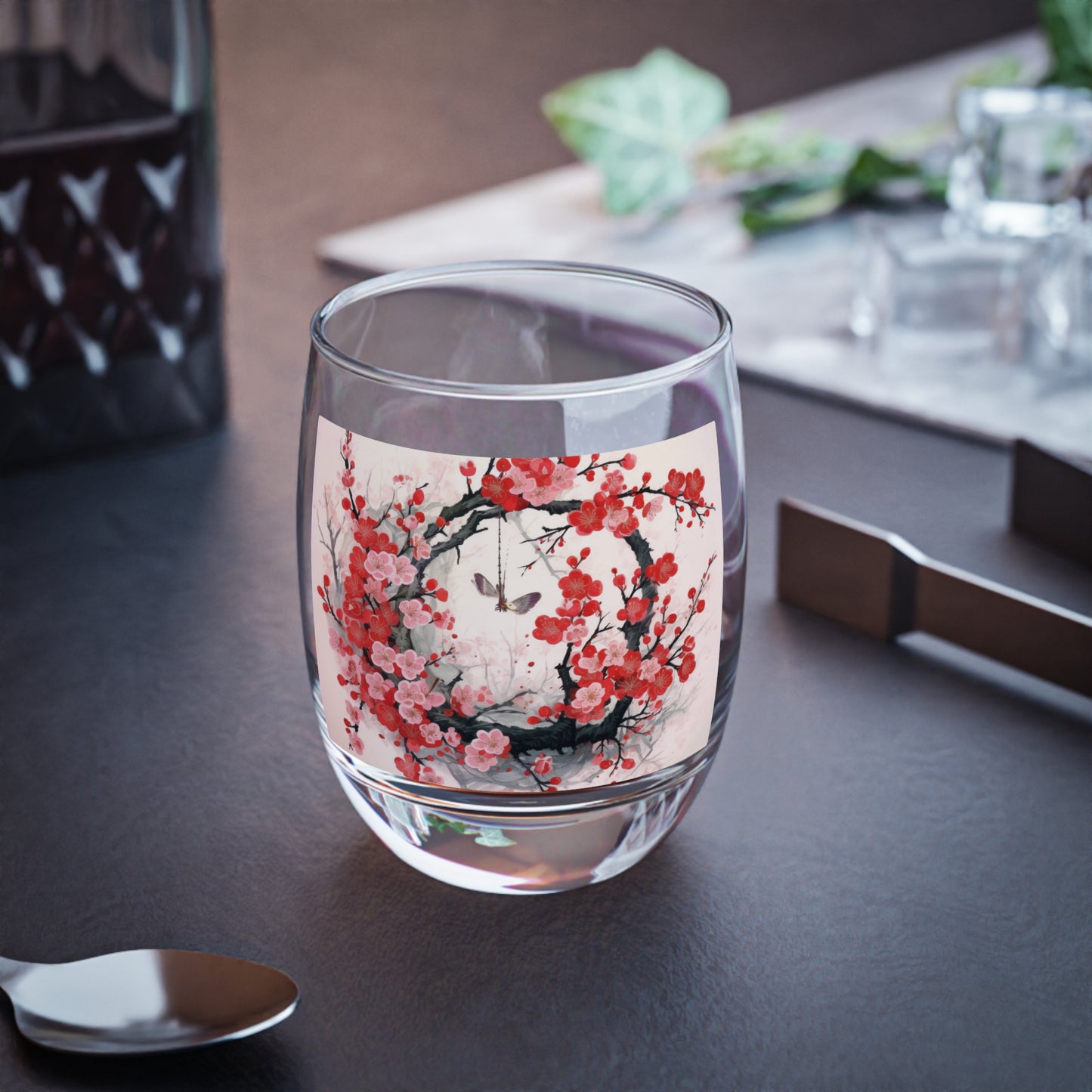 Cherry Blossom Delight: Whiskey Glass Adorned with Intricate Flower Drawings and Artistry