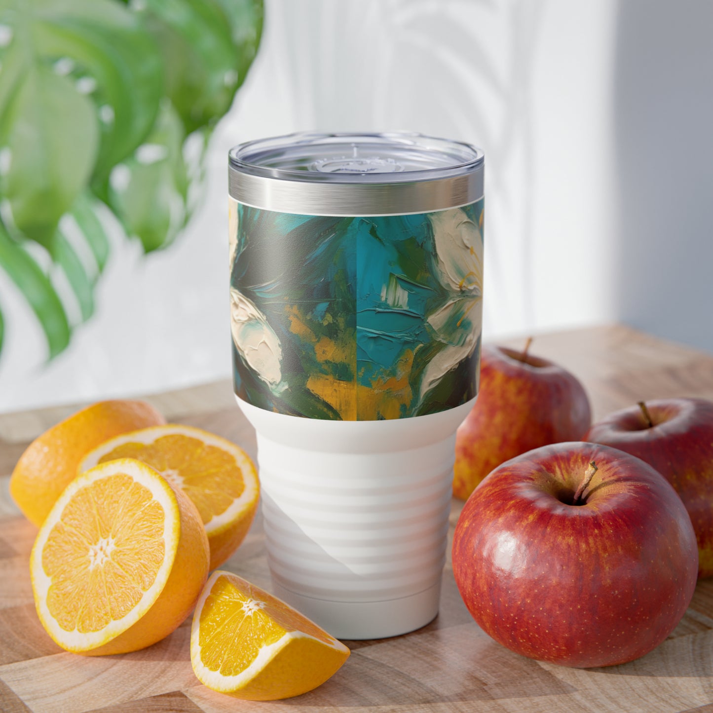 Floral Fusion: Abstract Oil Painting of Jasmine adorning Ringneck Tumbler