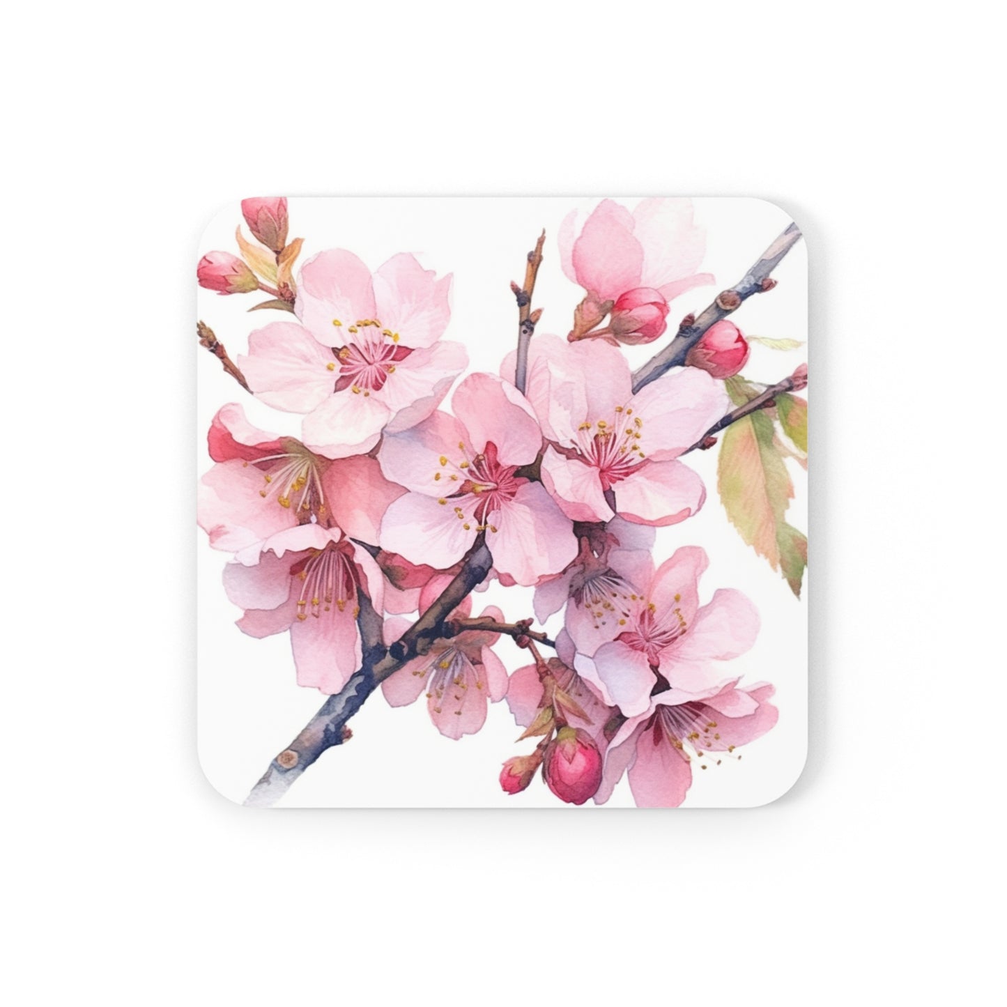 Whimsical Delight: Watercolor Cherry Blossom Tree Corkwood Coaster Set