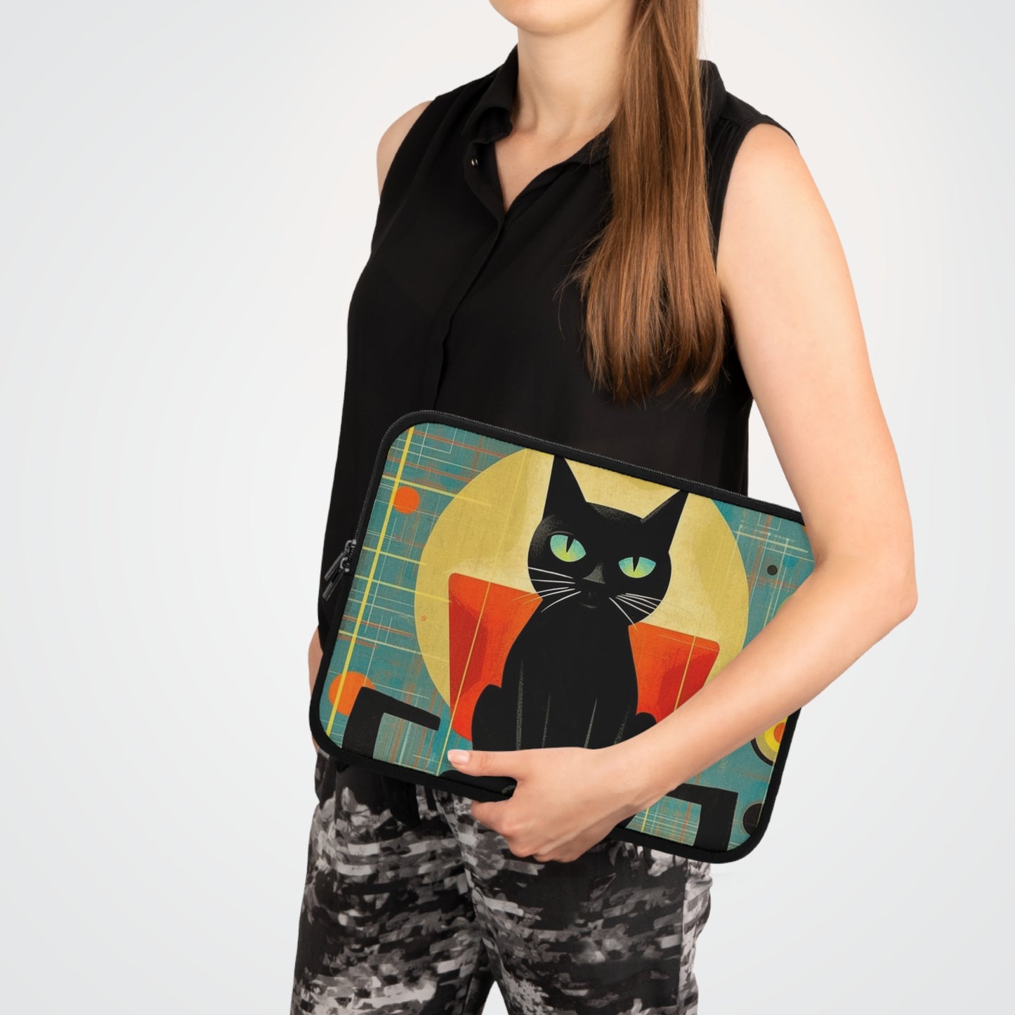 Abstract Cat Expressions: Modern Art-Inspired Midcentury Modern Laptop Sleeve with Timeless Atomic Age Design