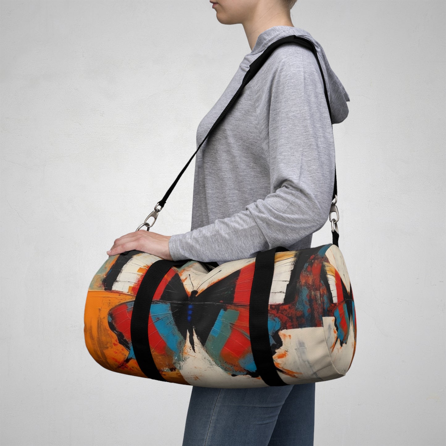Bauhaus-Inspired Butterfly Symphony: Duffel Bag with Vibrant Colors and Intricate Details