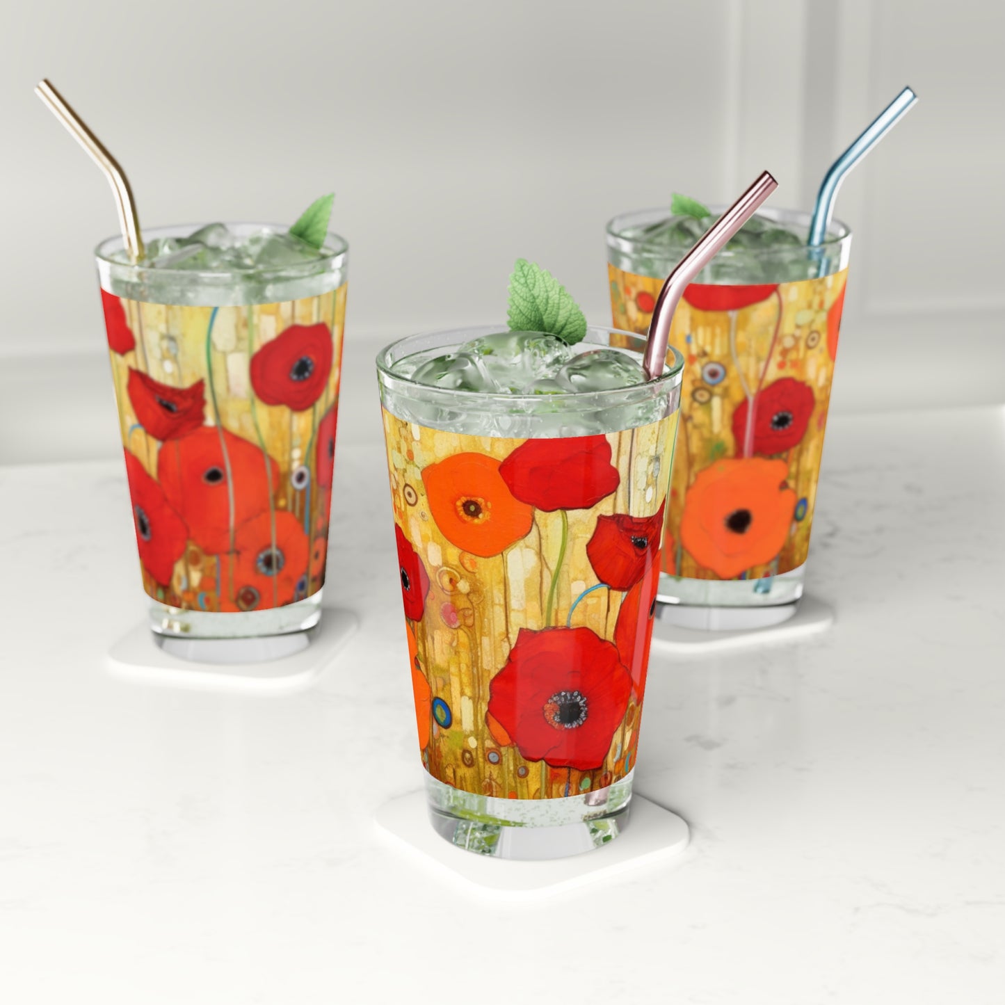 Floral Symphony: Pint Glass showcasing Gustav Klimt's Poppies in Art Nouveau