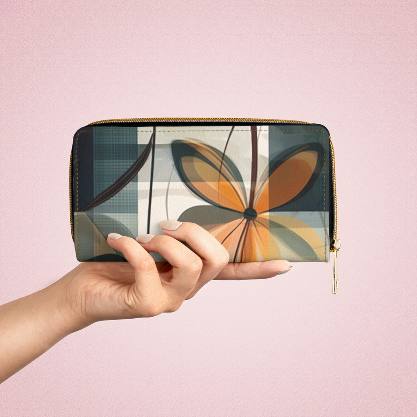 Botanical Chic: Flower Drawings and Minimalist Zipper Wallet Design with Midcentury Flair