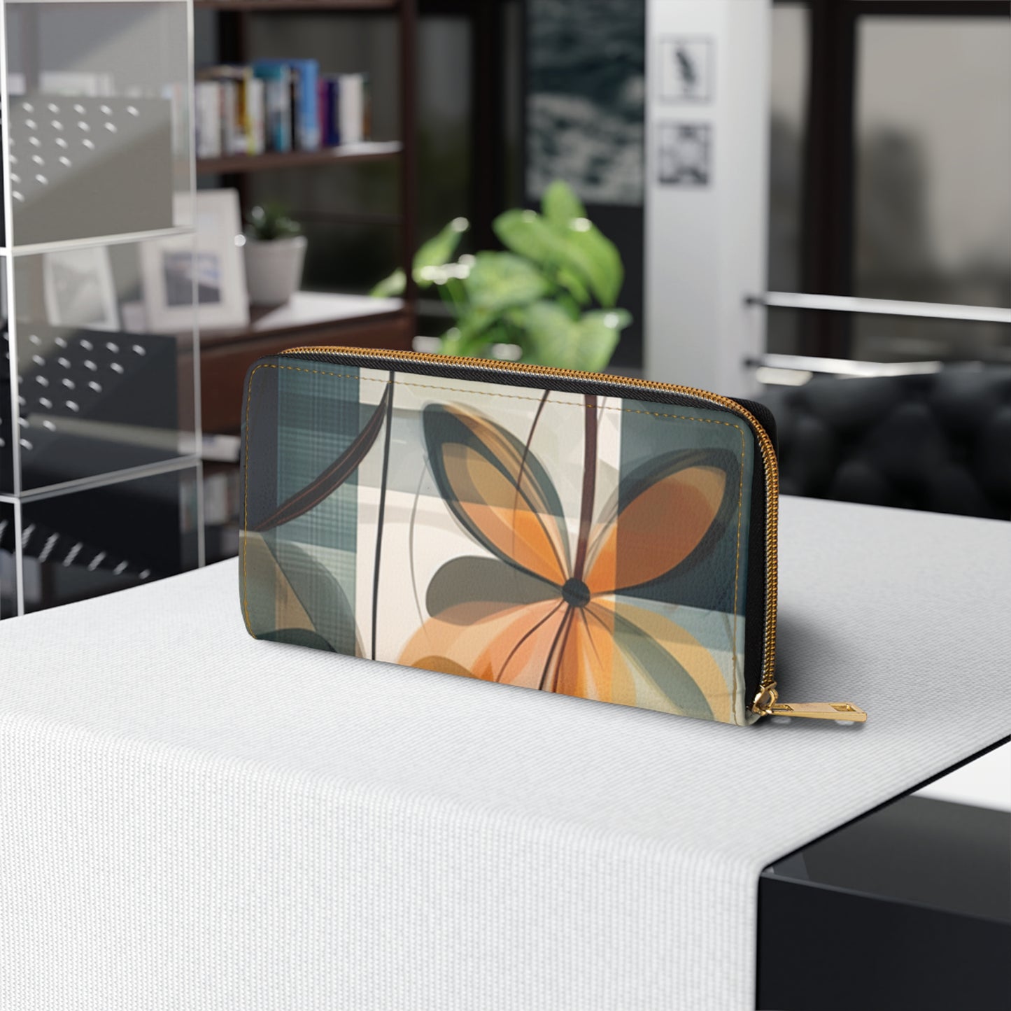 Botanical Chic: Flower Drawings and Minimalist Zipper Wallet Design with Midcentury Flair