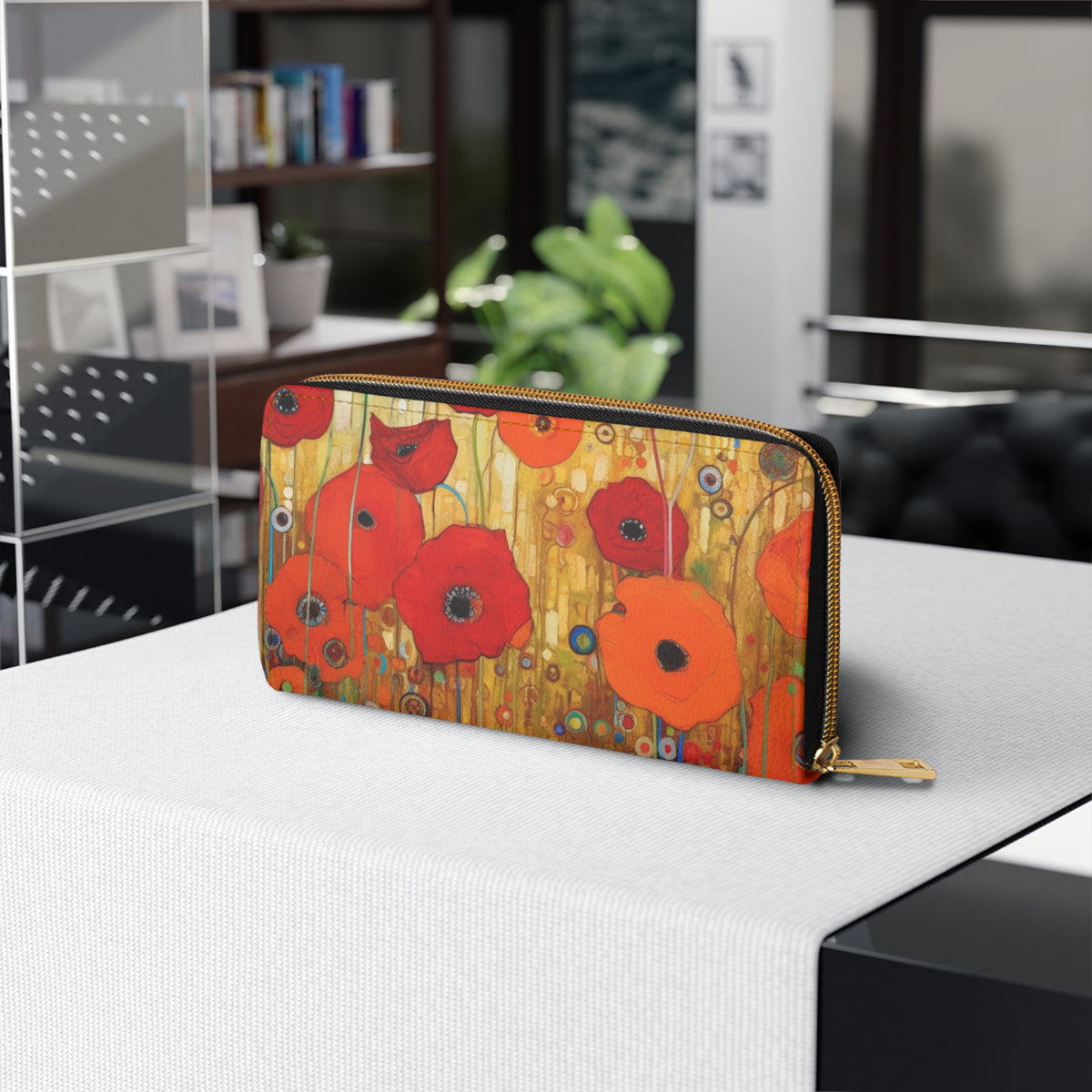 Floral Symphony: Zipper Wallet showcasing Gustav Klimt's Poppies in Art Nouveau