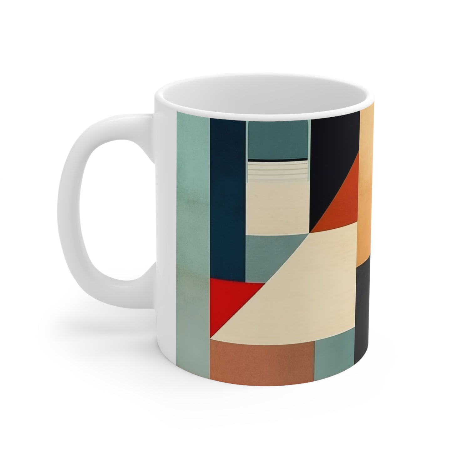 Abstract Geometric Fusion: Modern Art Mug Inspired by Atomic Age Design