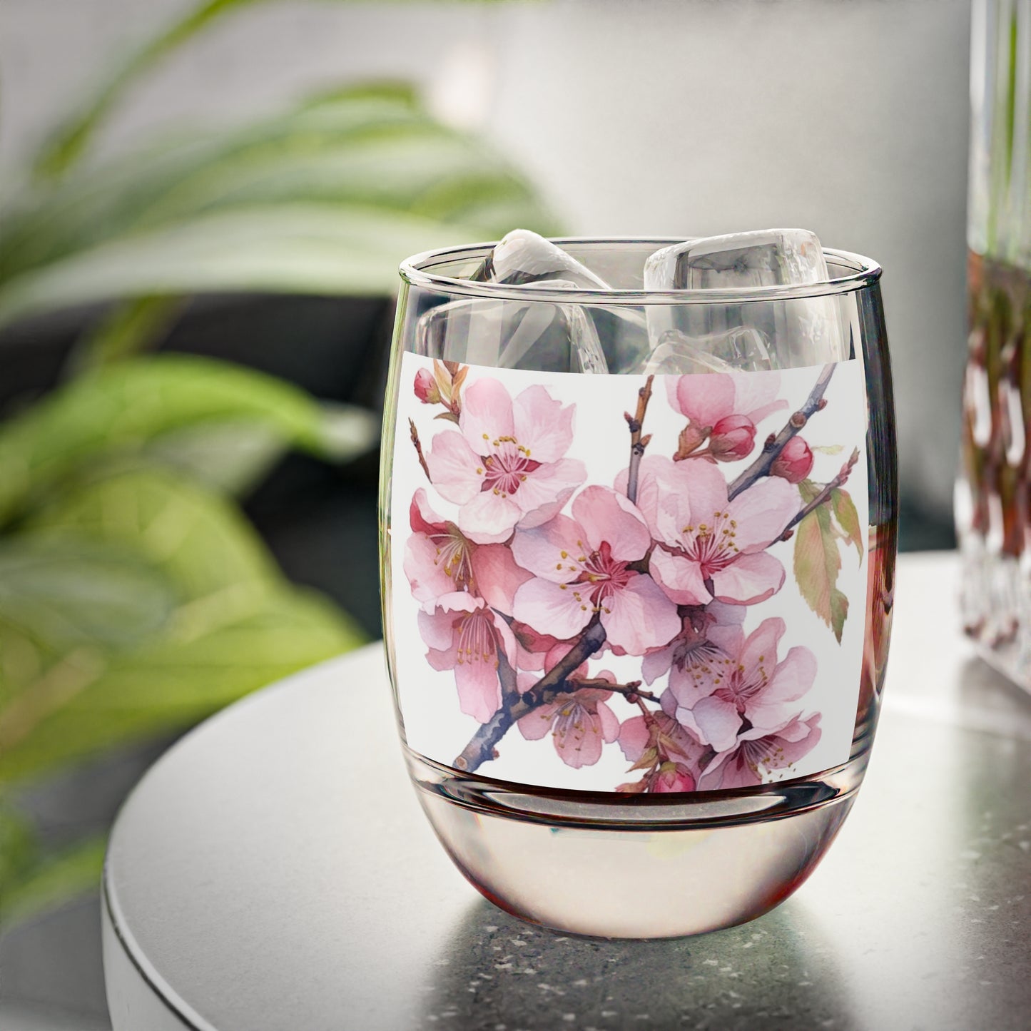 Whimsical Delight: Watercolor Cherry Blossom Tree Whiskey Glass