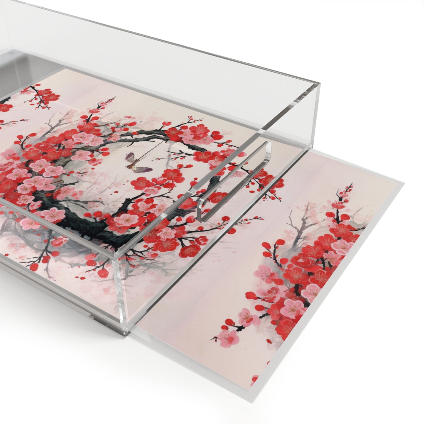 Cherry Blossom Delight: Acrylic Serving Tray Adorned with Intricate Flower Drawings and Artistry