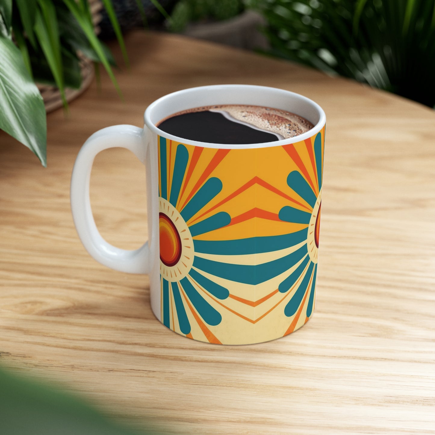 Midcentury Modern Sun: Ceramic Mug with Atomic Age Design for Vintage Fashion Enthusiasts